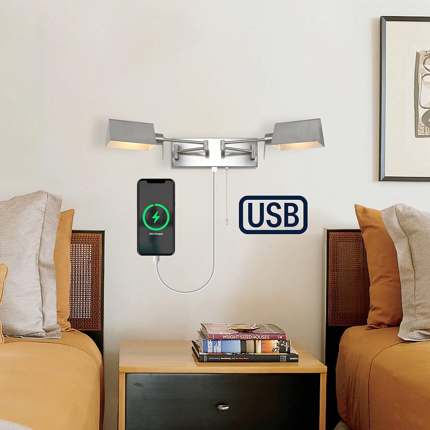 imageJONATHAN Y JYL6015A Arlo 22quot 1Light Single Swing Arm PluginHardwired Iron LED Wall Sconce PullChain USB Charging Port Traditional Farmhouse Modern for Bedroom Living Room Oil Rubbed BronzeNickel