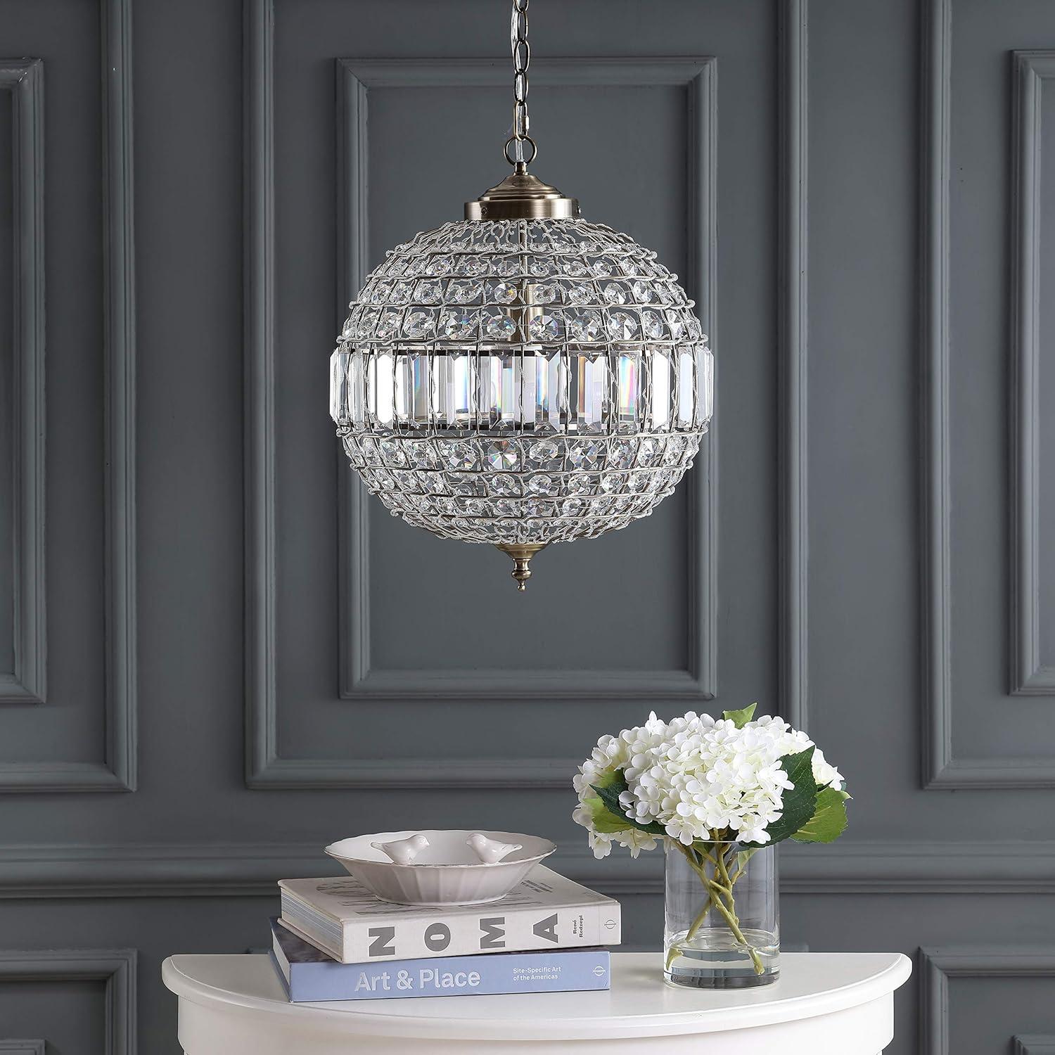 imageJONATHAN Y JYL6110B Georgina CrystalMetal LED Chandelier Pendant Glam Contemporary Transitional Dimmable Dining Room Living Room Kitchen Foyer Bedroom Hallway 16quot Antique BrassClear16 in