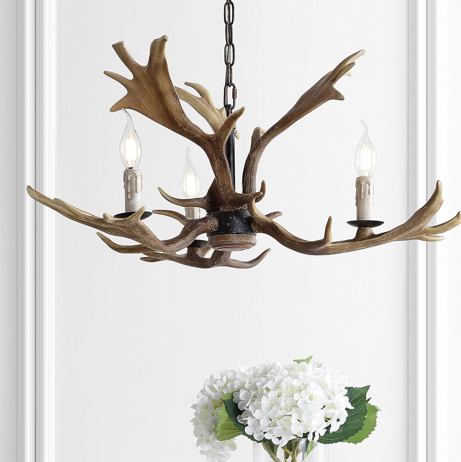 imageJONATHAN Y JYL6303A Eldora 27quot Adjustable Resin Antler 3Light LED ChandelierRustic Cottage Transitional Dimmable Dining Room Living Room Kitchen Foyer Bedroom Brown
