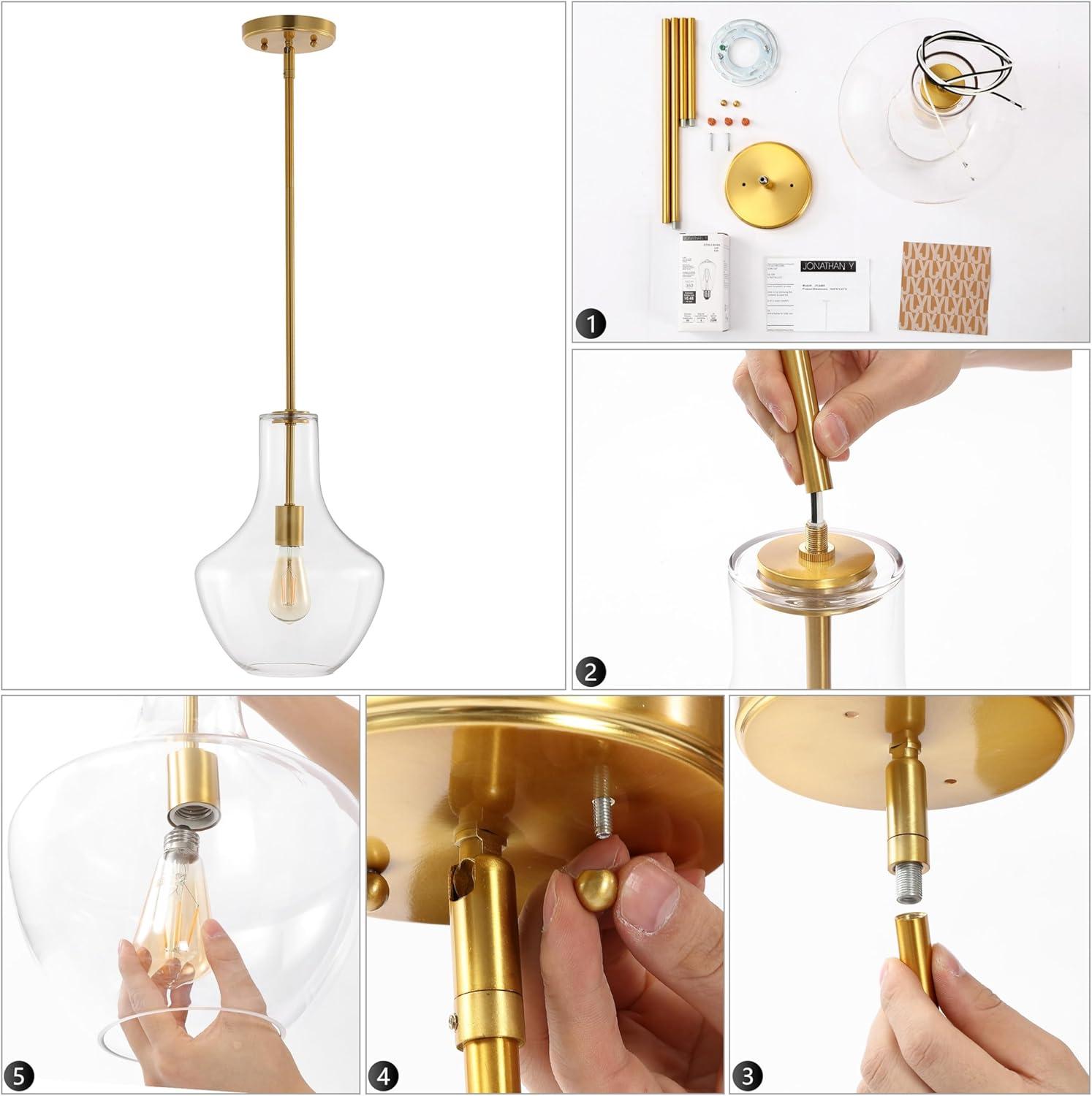 imageJONATHAN Y JYL6400C Watts 105quot 1Light MidCentury Modern IronGlass LED Pendant Contemporary Coastal Vintage Bedroom Living Room Brass GoldClearBrass GoldClear