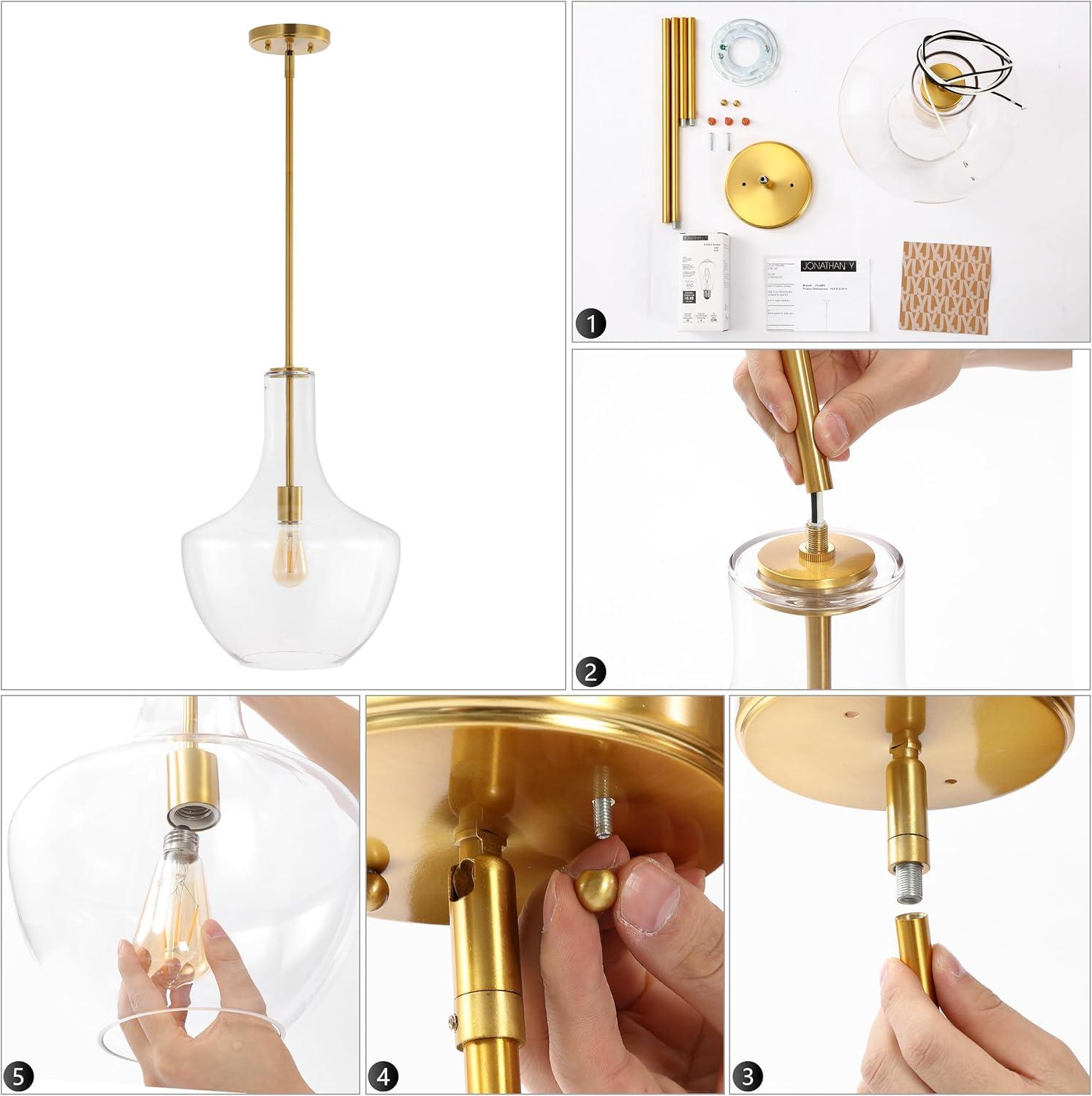 imageJONATHAN Y JYL6400C Watts 105quot 1Light MidCentury Modern IronGlass LED Pendant Contemporary Coastal Vintage Bedroom Living Room Brass GoldClearChromeClear