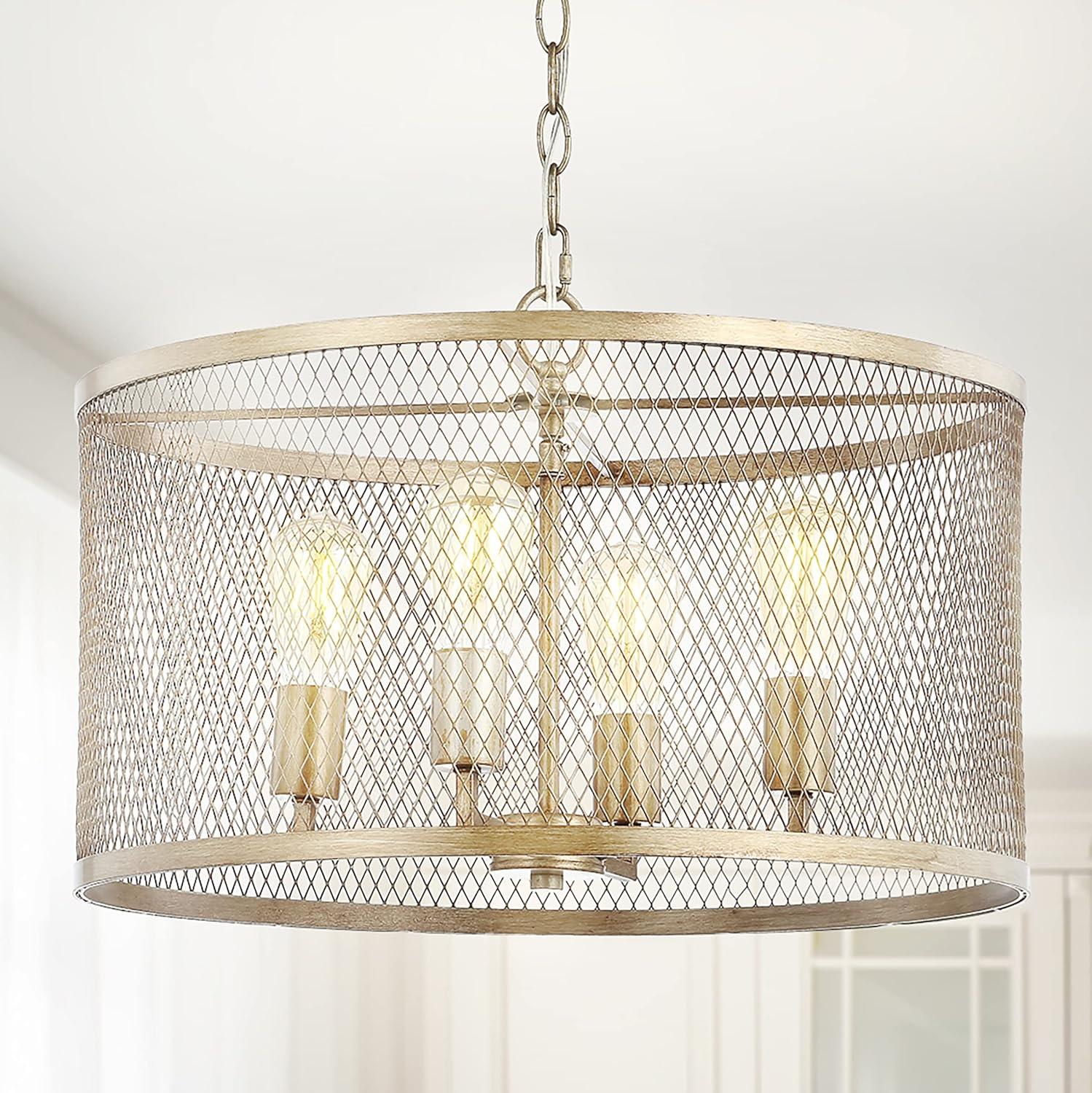 imageJONATHAN Y JYL6703A Pen 4Light 20quot Iron Adjustable Industrial Mesh Drum LED Chandelier Pendant Casual Cottage Farmhouse Dimmable Dining Room Living Room Kitchen Foyer Bedroom Hallway Antique Gold