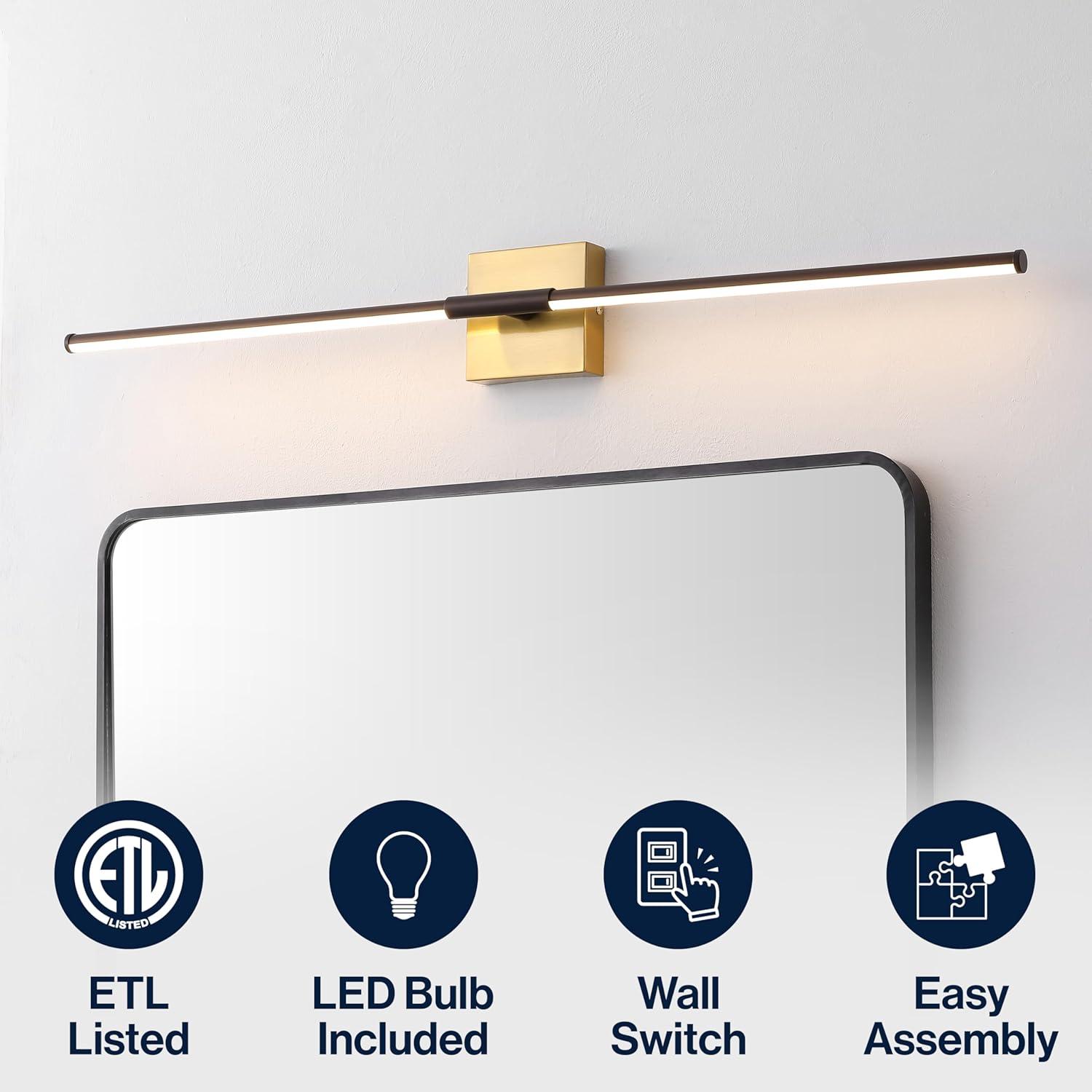 imageJONATHAN Y JYL7022B Makena 28quot Dimmable Integrated LED Metal Wall Sconce MinimalisticModernContemporary 3000K LED Bulbs for Bedroom Living Room Bathroom Hallway GoldOil Rubbed BronzeBrass Gold