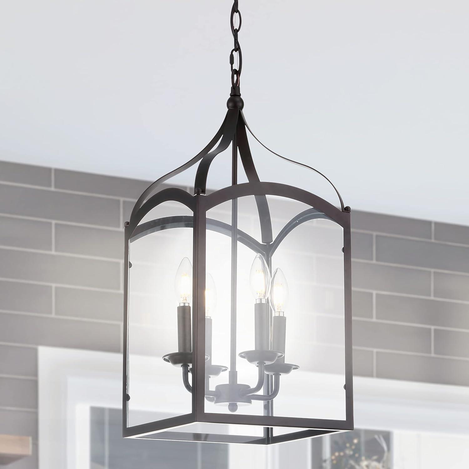 imageJONATHAN Y JYL7403C Ruth 11quot 4 Light Traditional Classic Lantern MetalGlass LED Pendant Modern Industrial Farmhouse Dining Room Living Room Kitchen Foyer Bedroom Hallway GoldOil Rubbed BronzeClear