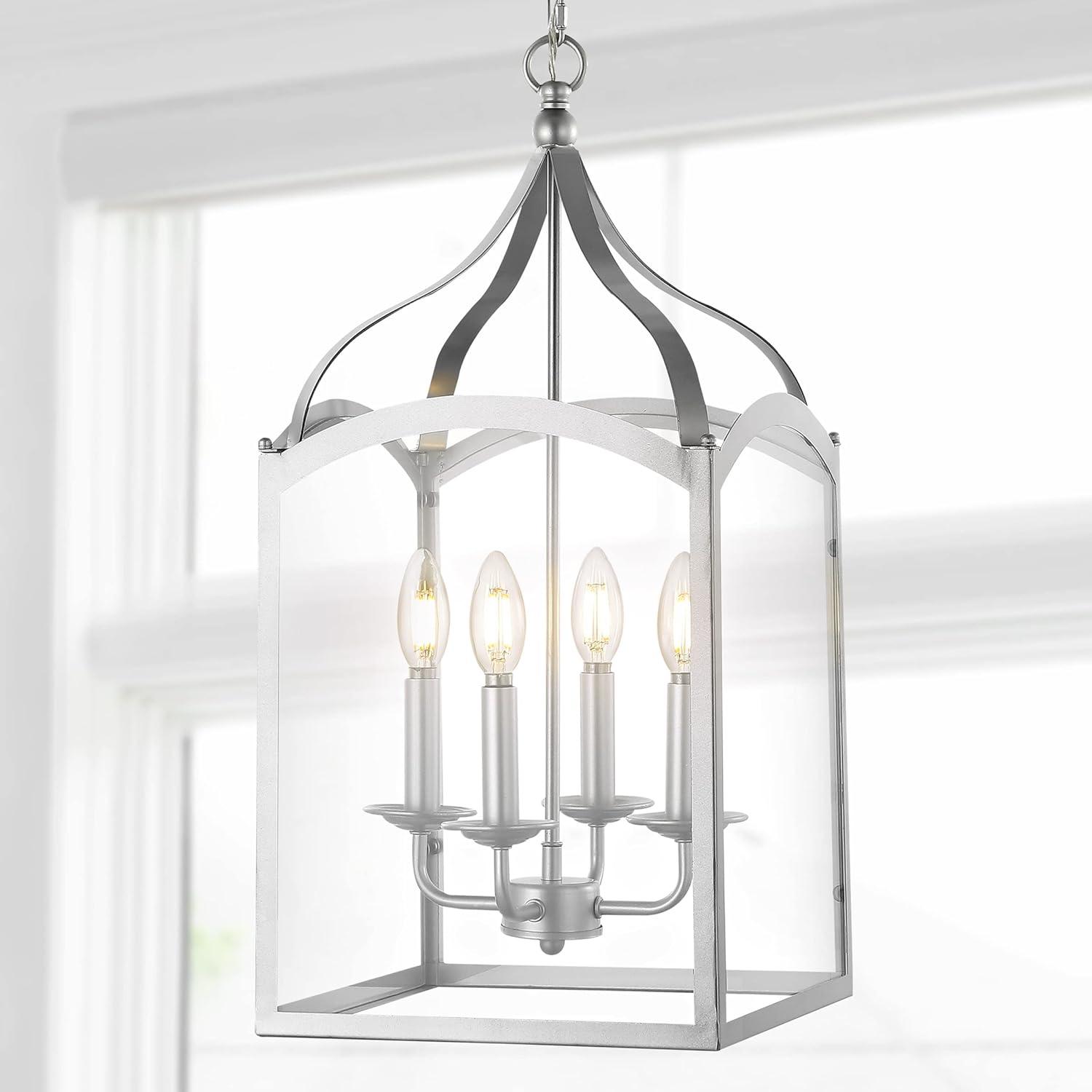 imageJONATHAN Y JYL7403C Ruth 11quot 4 Light Traditional Classic Lantern MetalGlass LED Pendant Modern Industrial Farmhouse Dining Room Living Room Kitchen Foyer Bedroom Hallway GoldSilver