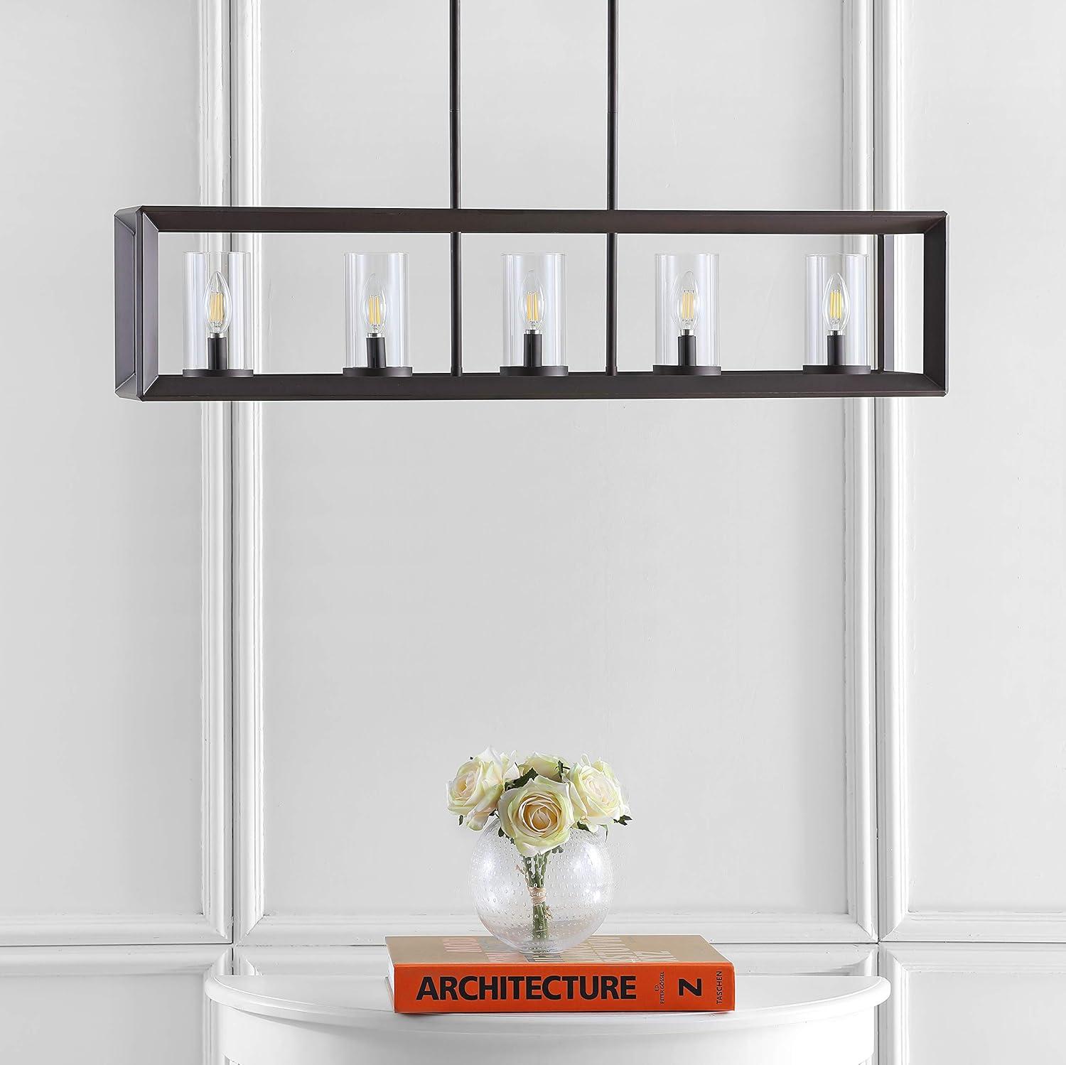 imageJONATHAN Y JYL7414A Anna 385quot Linear 5Light MetalGlass LED Pendant Contemporary Transitional Traditional Dimmable Dining Room Living Room Kitchen Foyer Bedroom Hallway Oil Rubbed BronzeClearOil Rubbed BronzeClear