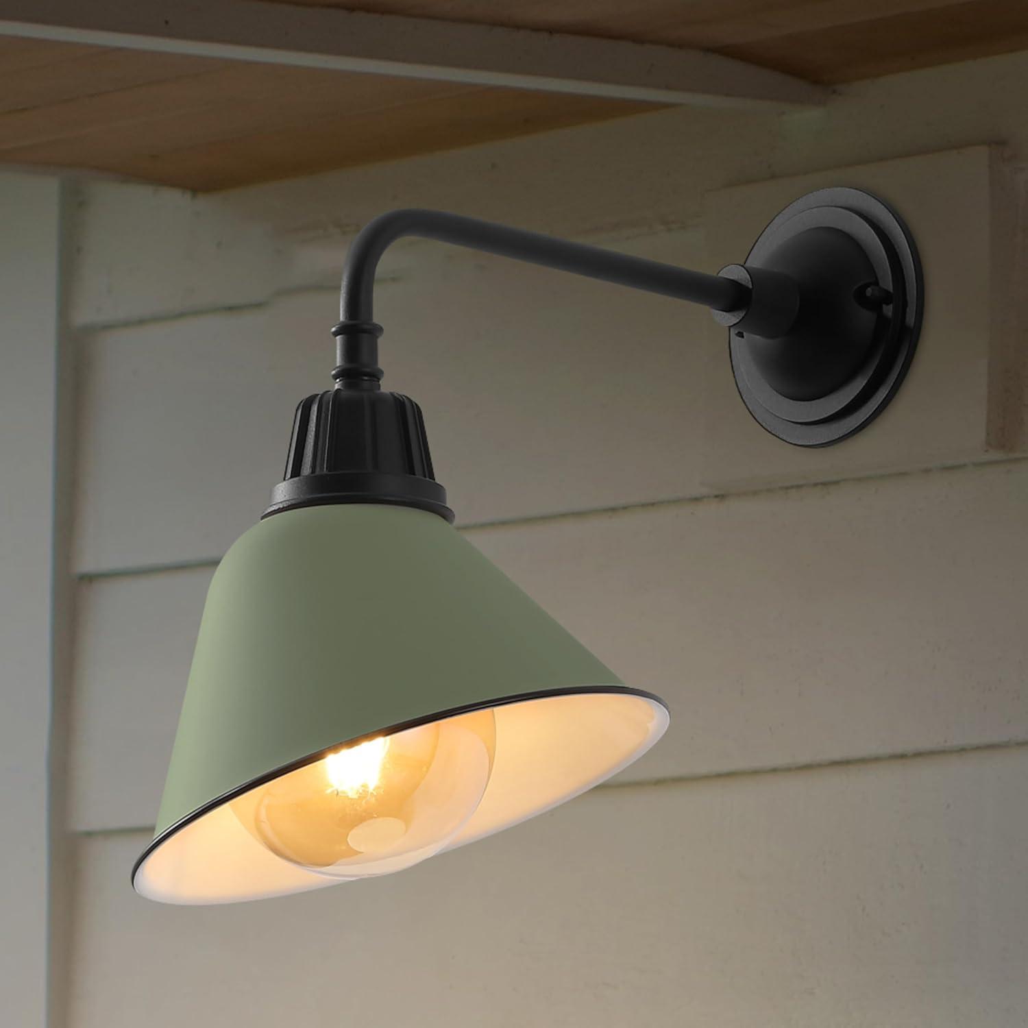 imageJONATHAN Y JYL7612G Croydon 963quot 1Light Farmhouse Industrial IndoorOutdoor Iron LED Gooseneck Arm Outdoor Sconce Metal Bell Shade Vintage Cottage Rustic Porch Patio Yard Barn Wood FinishCopperMatte Olive GreenBlack