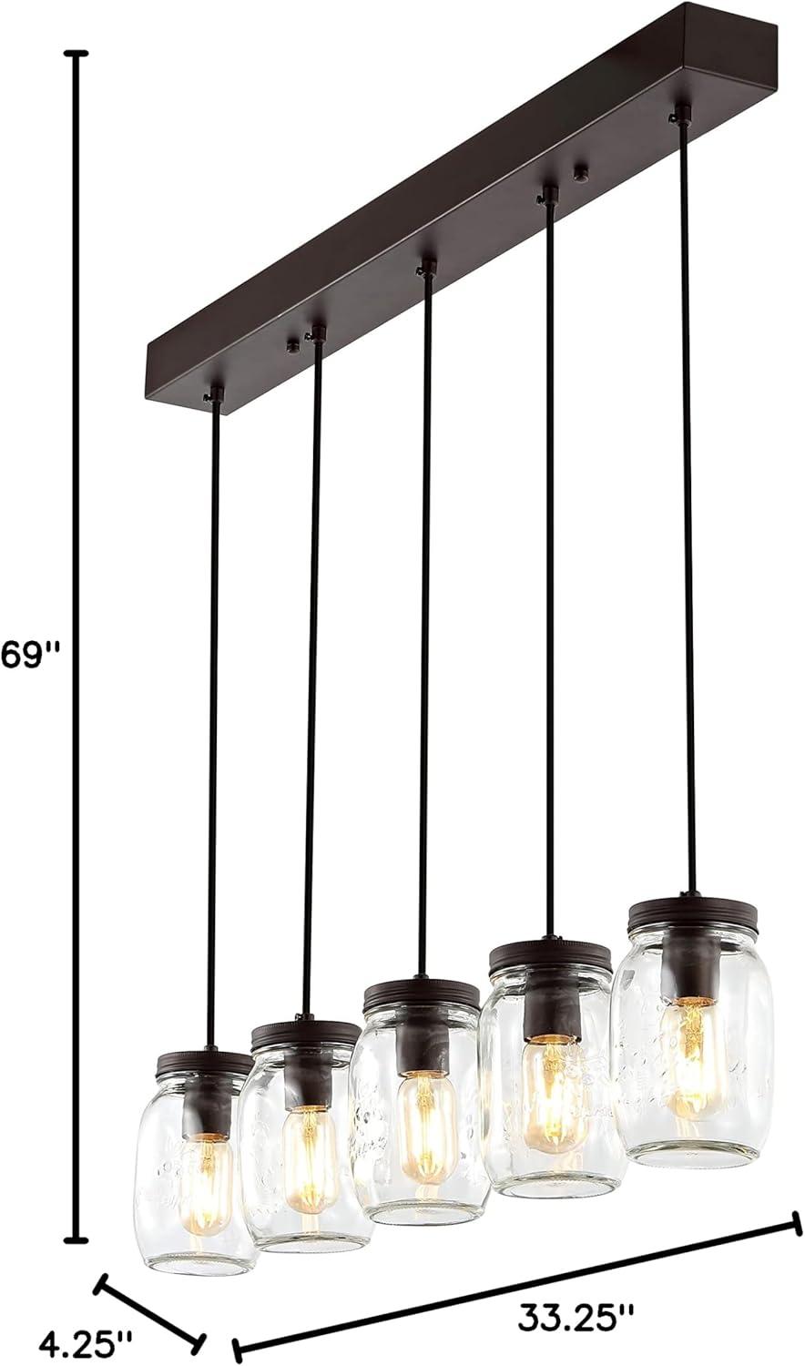 imageJONATHAN Y JYL7800A Gaines 55quot 1Light Farmhouse Industrial Iron Mason Jar LED Pendant Rustic Bohemian Adjustable Dining Room Living Room Kitchen Island Foyer Bedroom Hallway Oil Rubbed BronzeClear5Light