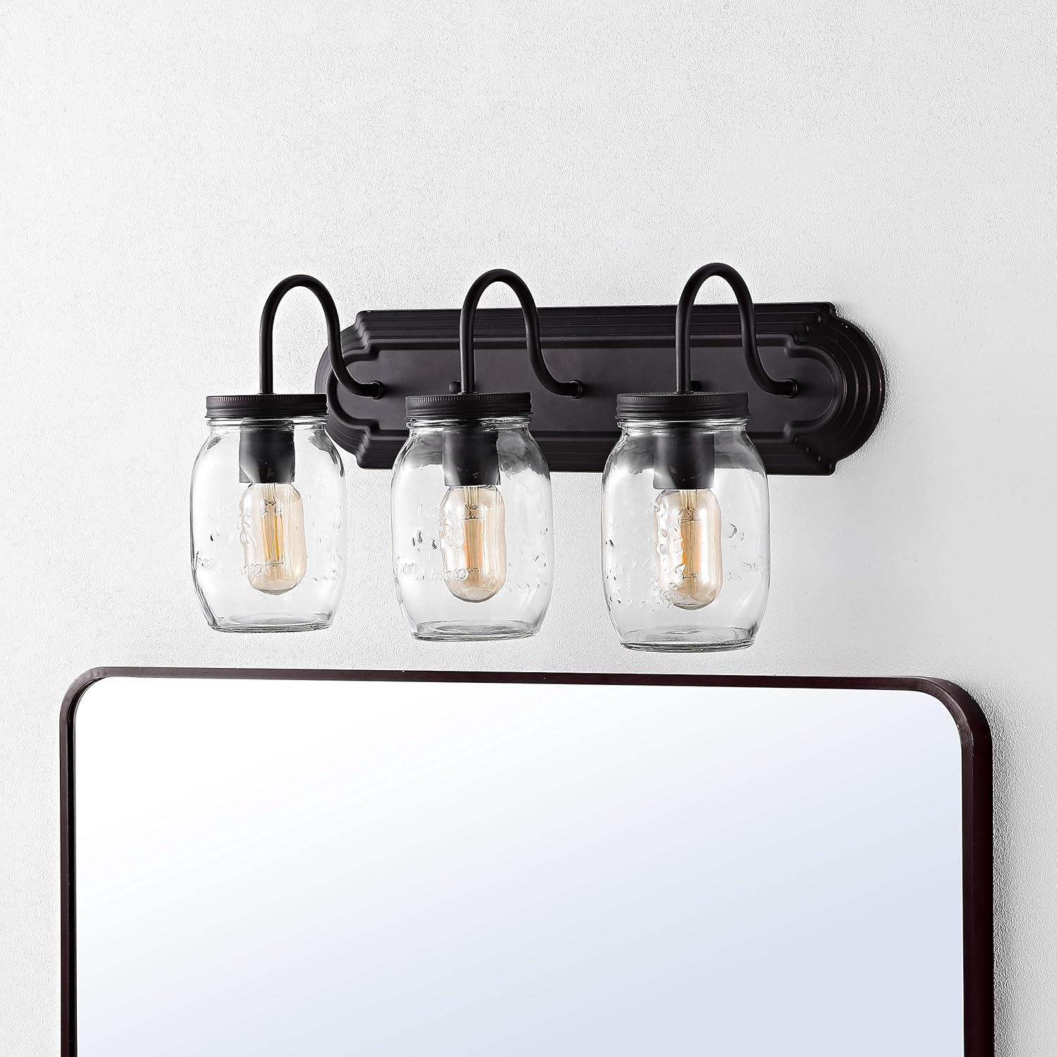 imageJONATHAN Y JYL7801A Gaines 3 Light Farmhouse Industrial Iron Mason Jar LED Vanity Rustic Transitional 2700K Light for Bathroom Hallway Living Room Bedroom Mirror Cabinet Oil Rubbed Bronze 193 in