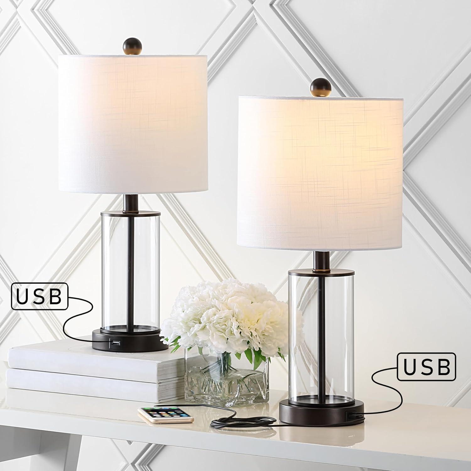 imageJONATHAN Y JYL8500ASET2 Abner 21quot Glass Modern Contemporary USB Charging LED Table Lamp Glam Bedside Desk Nightstand Lamp for Bedroom Living Room Office College Oil Rubbed BronzeClear Set of 2