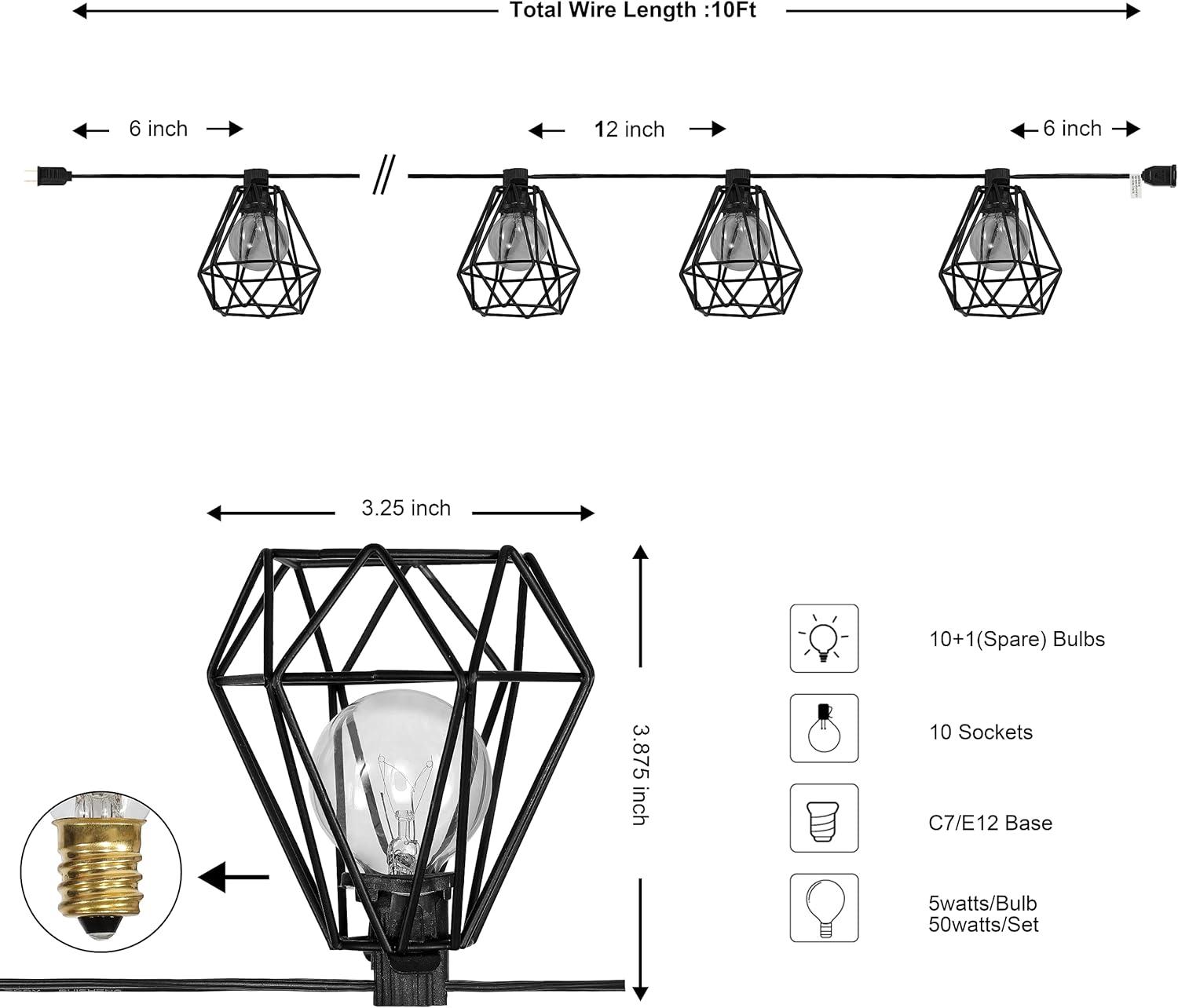 imageJONATHAN Y JYL8705A Indoor Outdoor Contemporary Transitional Incandescent G40 Diamond Cage String Lights Garden Patio Backyard Porch Balcony 10 ft 10Light BlackBlack