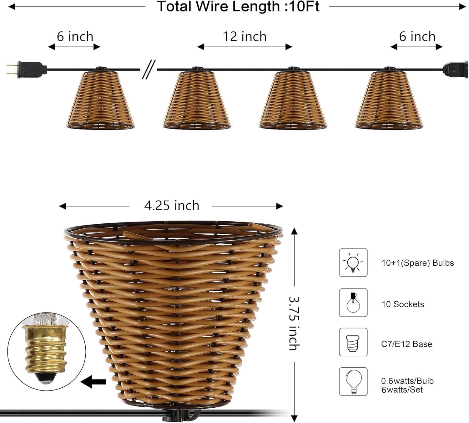 imageJONATHAN Y JYL8706A Payton 10Light IndoorOutdoor 10 ft Classic Cottage FauxRattan Shaded LED String Lights Brown for Patio Porch Backyard CafBrown