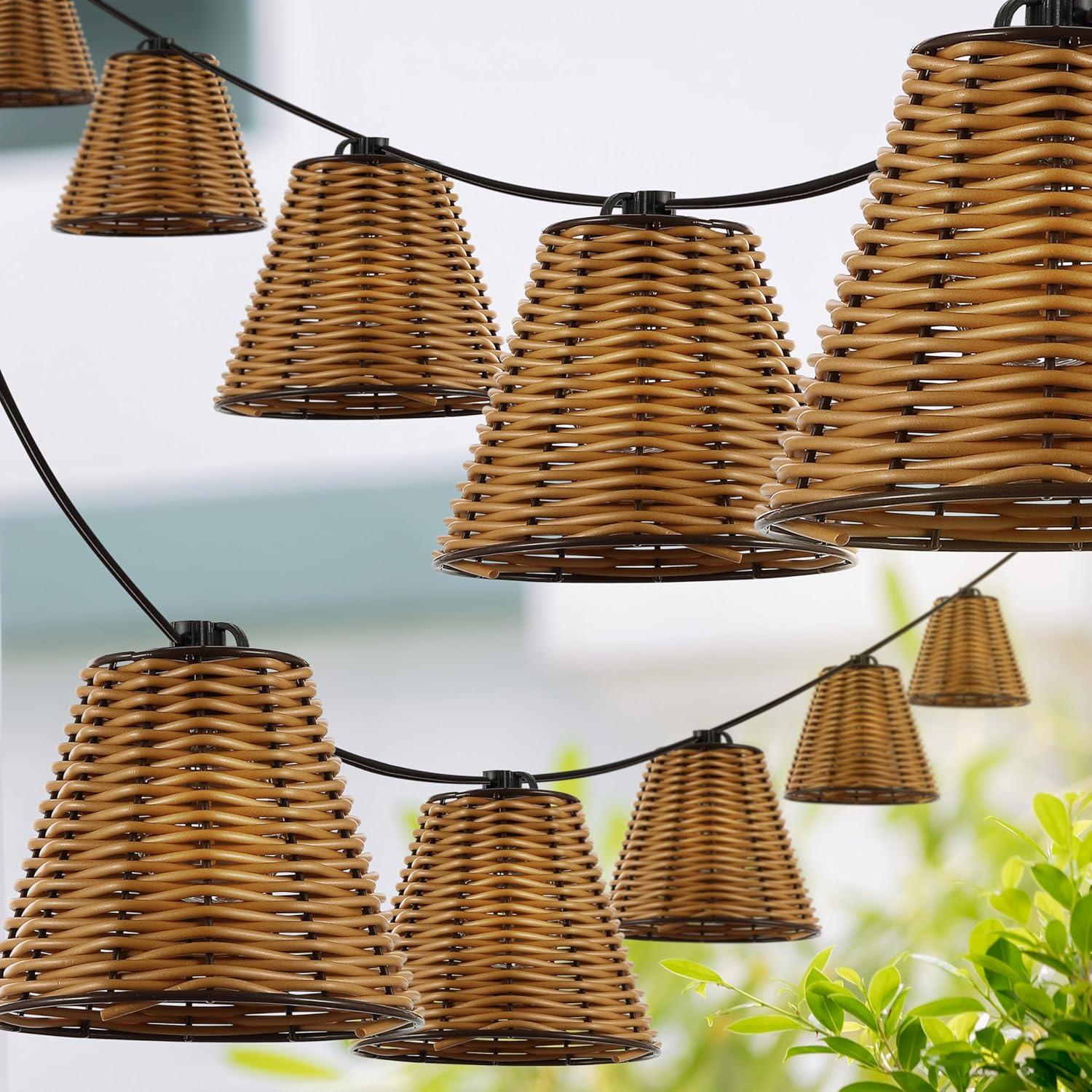 imageJONATHAN Y JYL8706A Payton 10Light IndoorOutdoor 10 ft Classic Cottage FauxRattan Shaded LED String Lights Brown for Patio Porch Backyard CafBrown