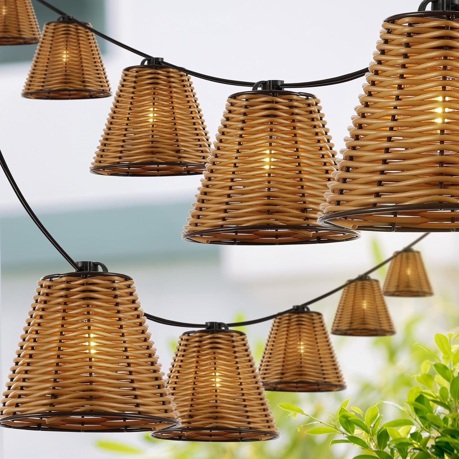 imageJONATHAN Y JYL8706A Payton 10Light IndoorOutdoor 10 ft Classic Cottage FauxRattan Shaded LED String Lights Brown for Patio Porch Backyard CafBrown
