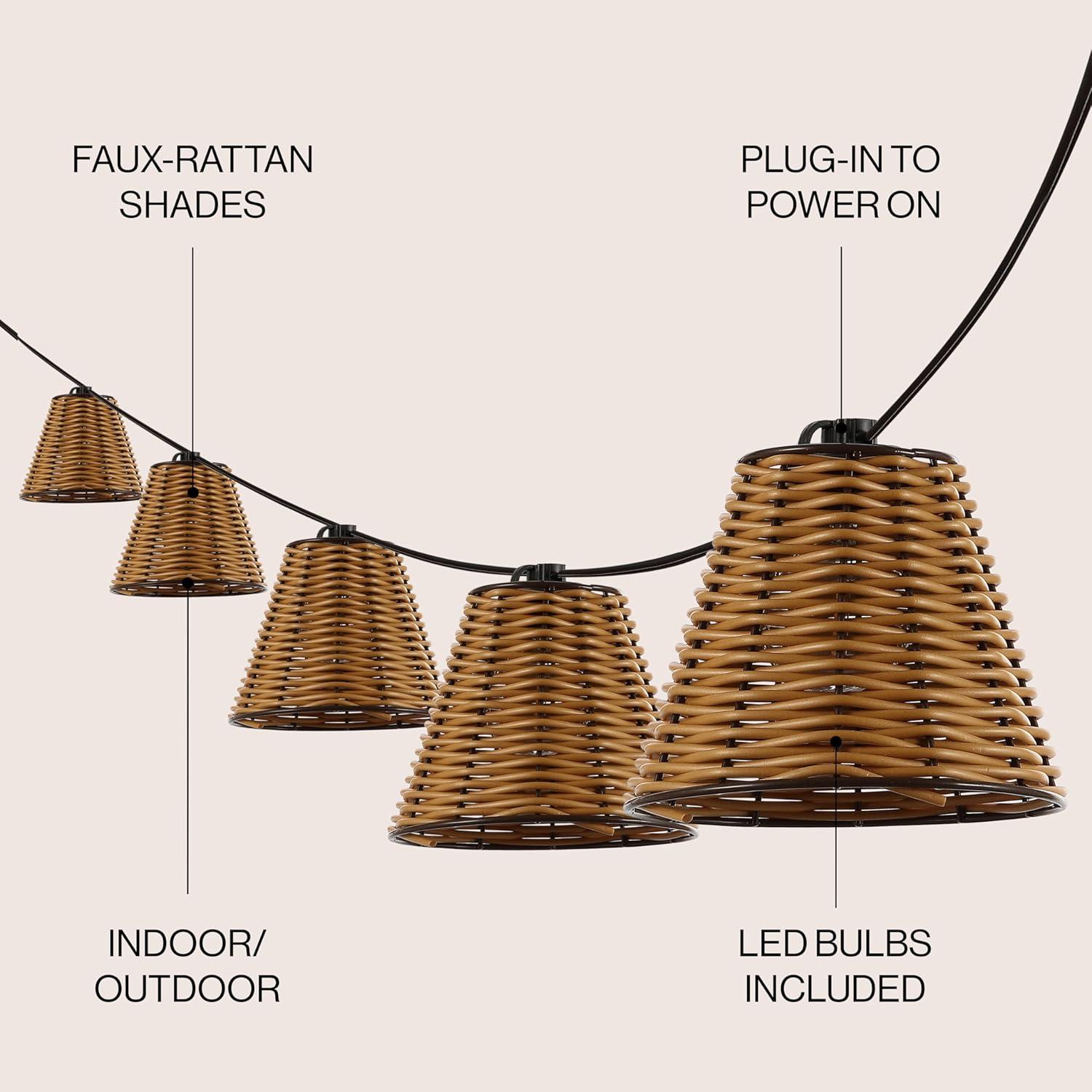 imageJONATHAN Y JYL8706A Payton 10Light IndoorOutdoor 10 ft Classic Cottage FauxRattan Shaded LED String Lights Brown for Patio Porch Backyard CafBrown