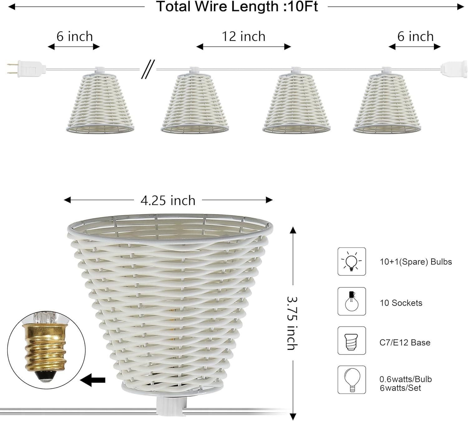 imageJONATHAN Y JYL8706A Payton 10Light IndoorOutdoor 10 ft Classic Cottage FauxRattan Shaded LED String Lights Brown for Patio Porch Backyard CafWhite