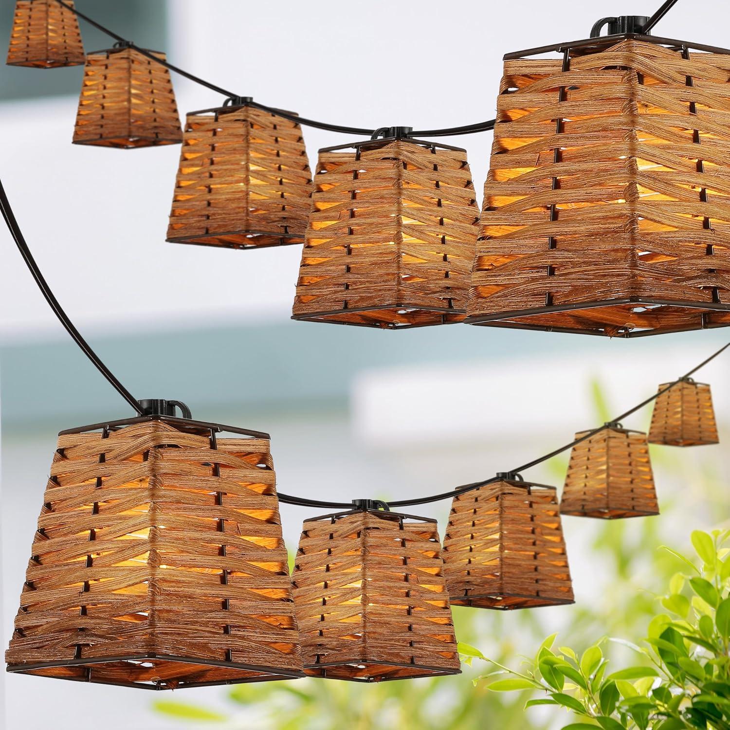 imageJONATHAN Y JYL8707A Quinn 10Light IndoorOutdoor 10 ft Classic Vintage Square Bamboo Shaded LED String Lights Brown for Patio Porch Backyard Caf