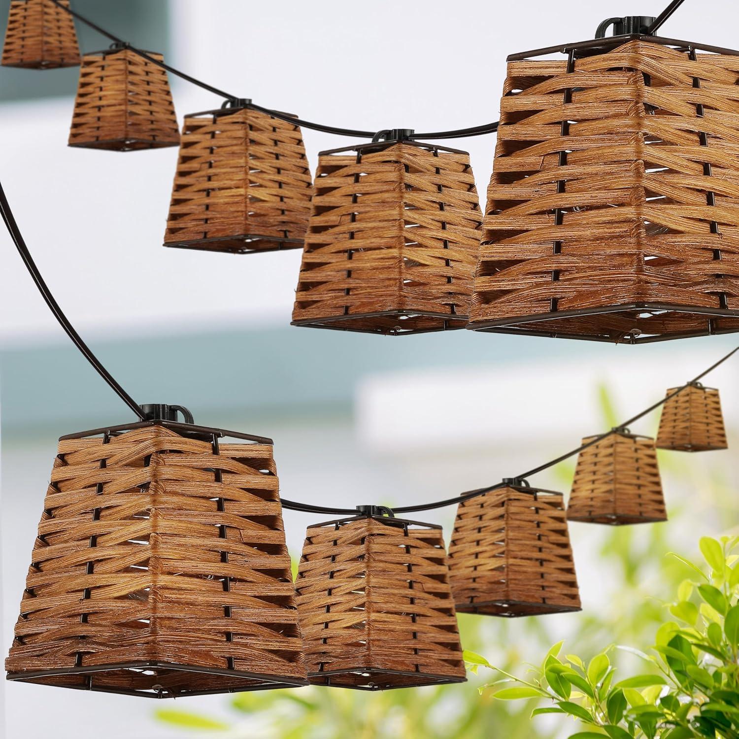 imageJONATHAN Y JYL8707A Quinn 10Light IndoorOutdoor 10 ft Classic Vintage Square Bamboo Shaded LED String Lights Brown for Patio Porch Backyard Caf