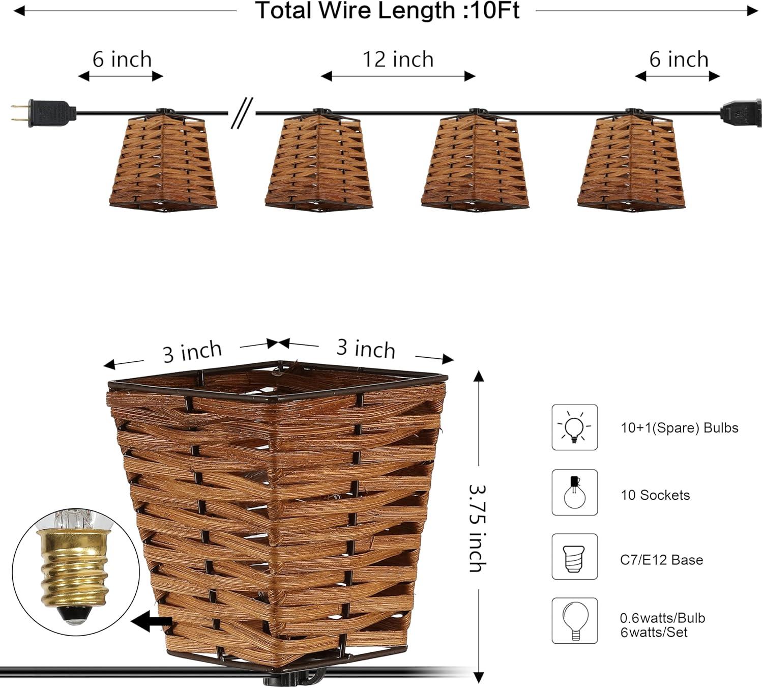 imageJONATHAN Y JYL8707A Quinn 10Light IndoorOutdoor 10 ft Classic Vintage Square Bamboo Shaded LED String Lights Brown for Patio Porch Backyard Caf