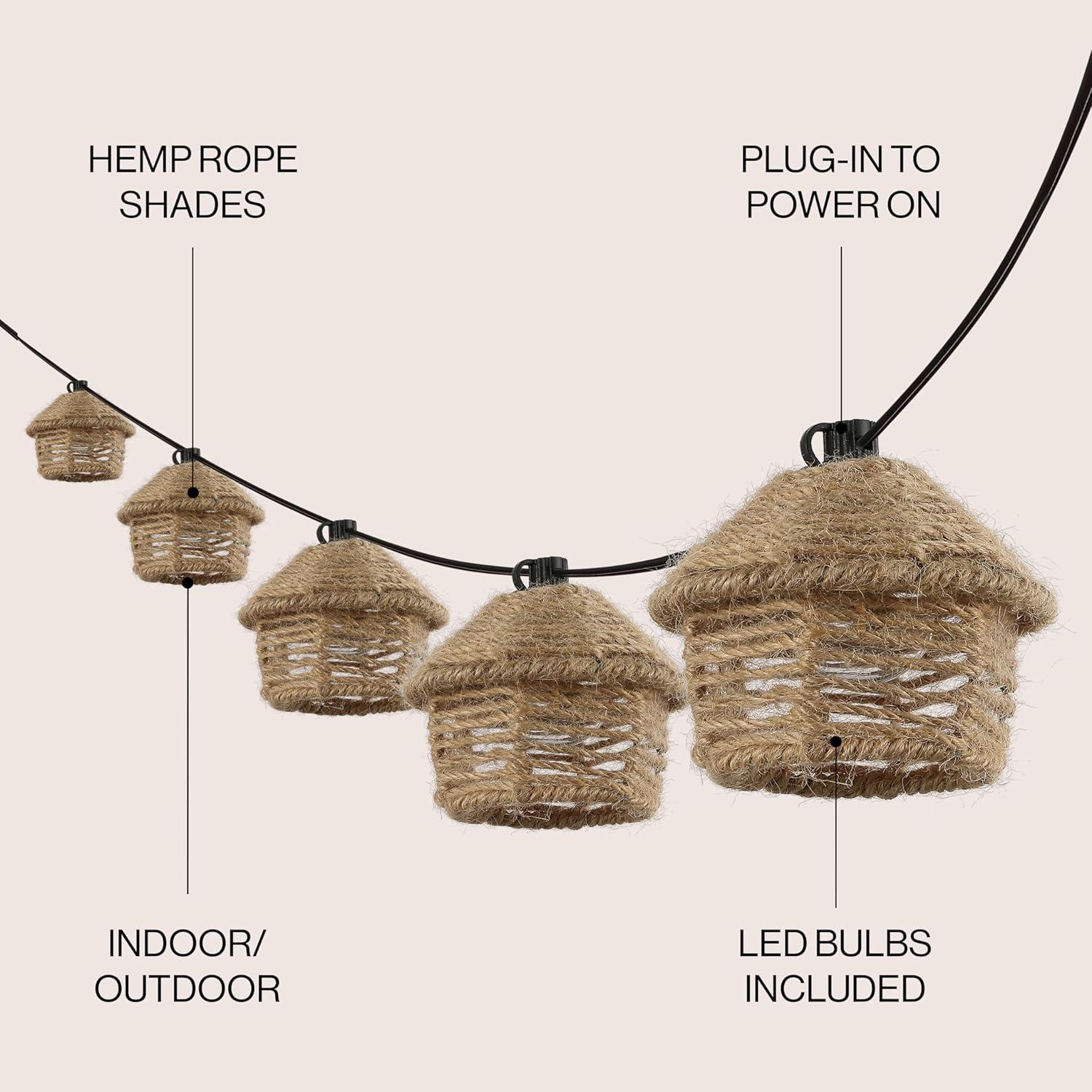 imageJONATHAN Y JYL8709A Maui 10Light IndoorOutdoor 10 ft MidCentury Vintage Tiki Hut Hemp Rope Shaded LED String Lights Brown for Patio Porch Backyard Caf
