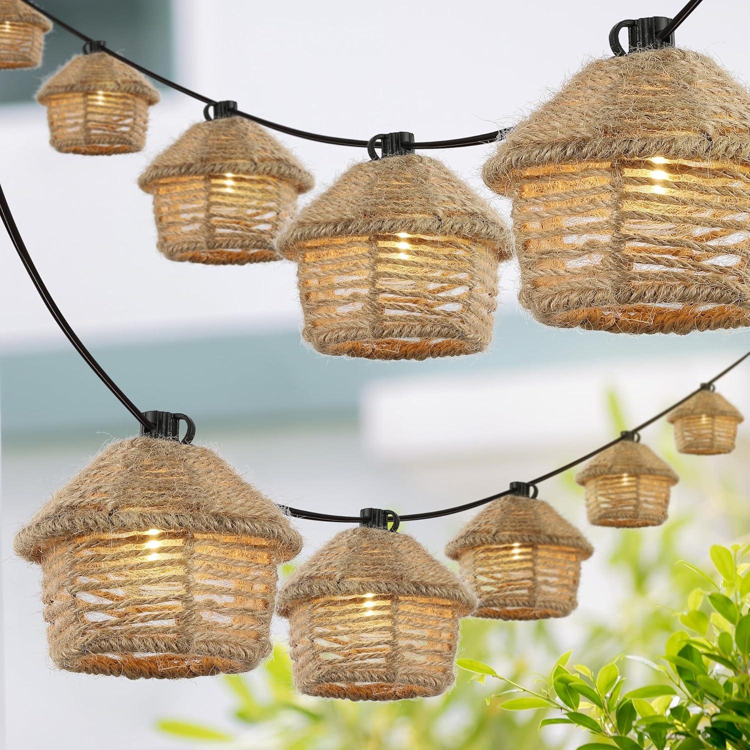 imageJONATHAN Y JYL8709A Maui 10Light IndoorOutdoor 10 ft MidCentury Vintage Tiki Hut Hemp Rope Shaded LED String Lights Brown for Patio Porch Backyard Caf