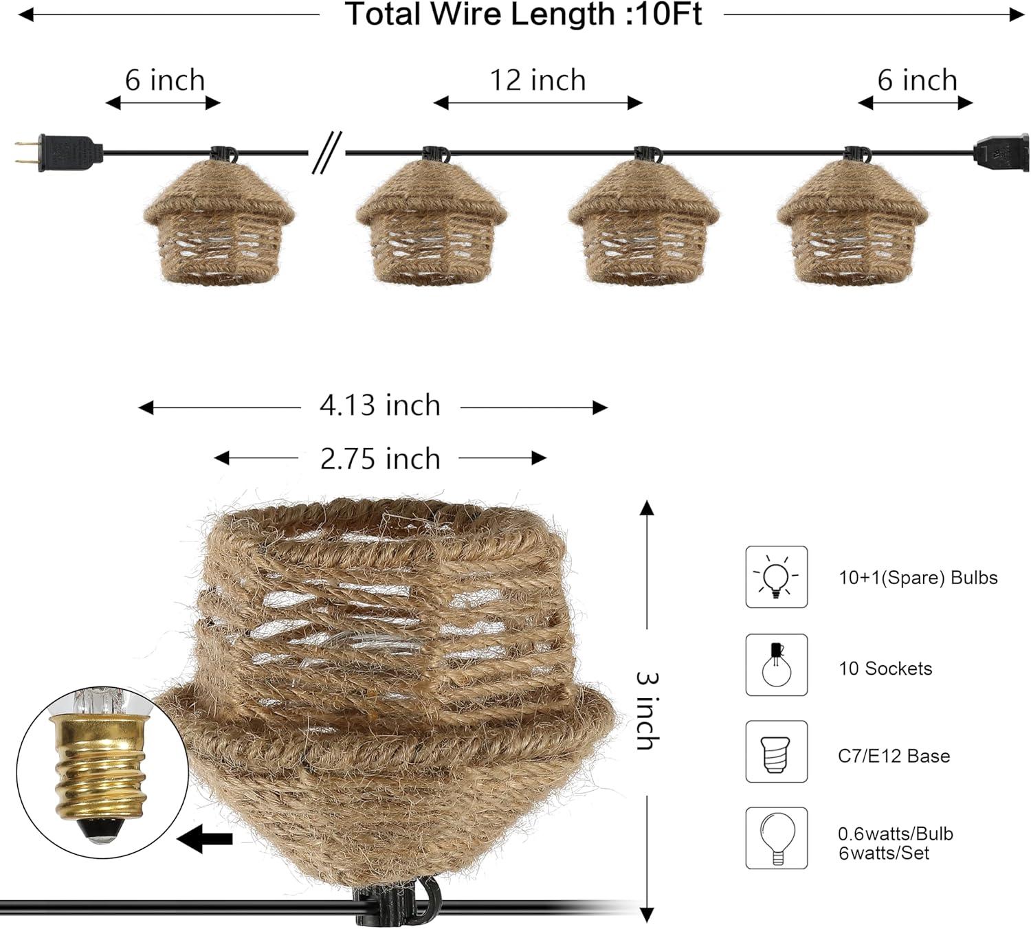 imageJONATHAN Y JYL8709A Maui 10Light IndoorOutdoor 10 ft MidCentury Vintage Tiki Hut Hemp Rope Shaded LED String Lights Brown for Patio Porch Backyard Caf