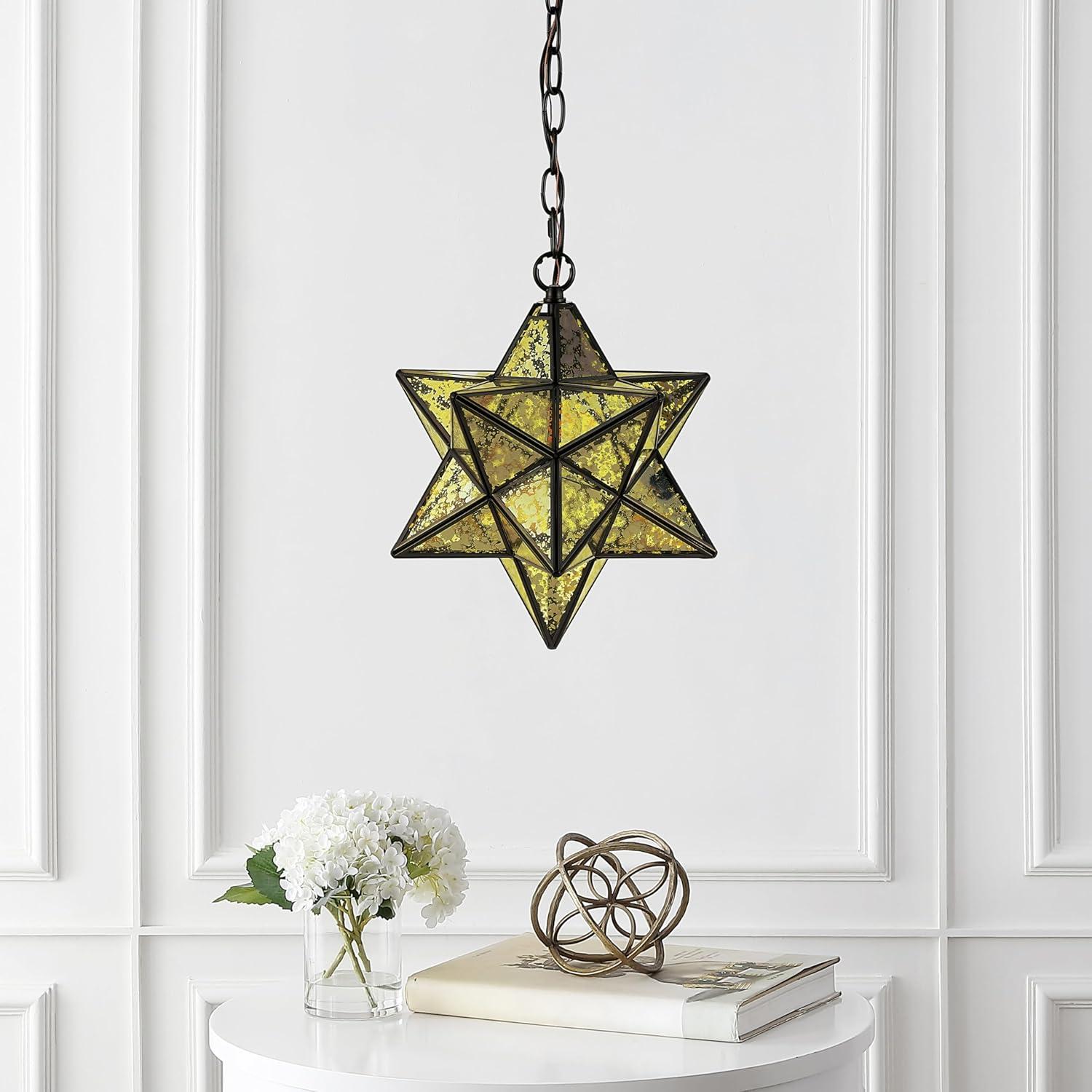 imageJONATHAN Y JYL9072A Stella 12quot Moravian Star MetalMercury Glass LED Pendant Glam Dimmable for Kitchen Hallway Bathroom Stairwell Oil Rubbed BronzeOil Rubbed BronzeYellow Mercury Glass