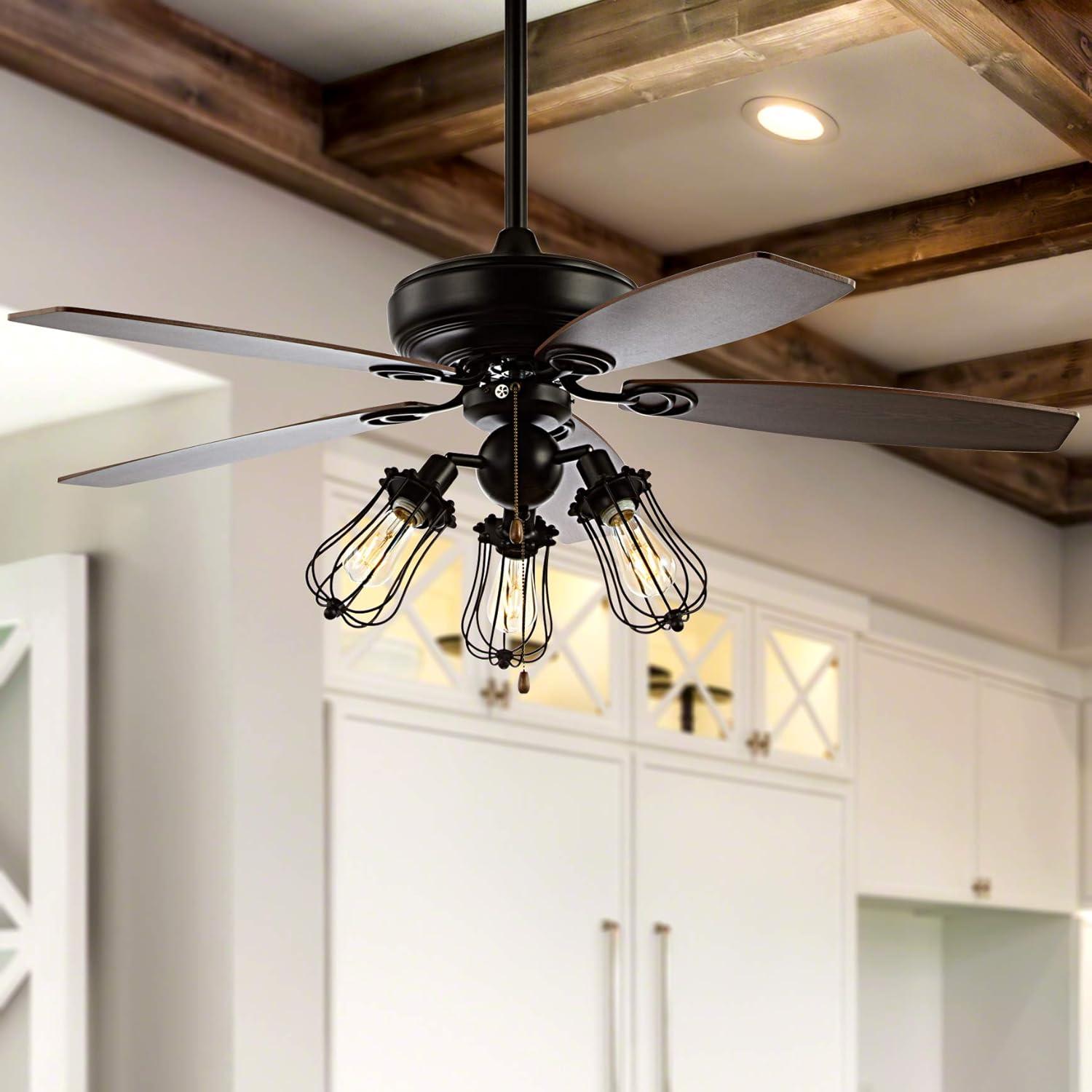 imageJONATHAN Y JYL9601A Lucas 52quot Caged 3Light MetalWood LED Ceiling Fan and Pull Chain Farmhouse Bohemian Industrial Rustic Transitional Southwestern for Home Kitchen Living Room Black