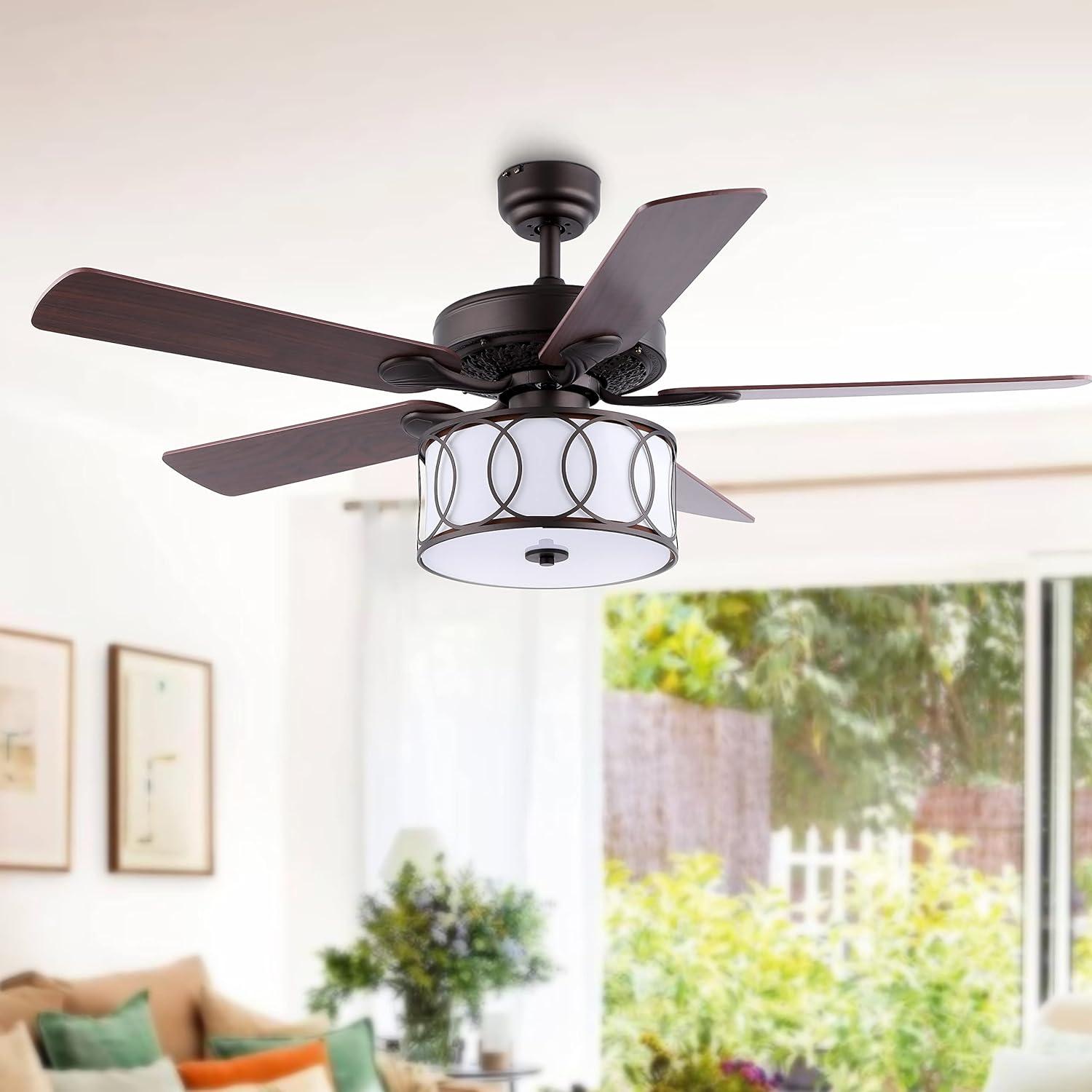 imageJONATHAN Y JYL9607A 52quot 3Light Chrome Drum Shade LED Ceiling Fan Remote Traditional Farmhouse Rustic Industrial Bohemian Country Cottage Transitional Glam for Home Kitchen Living RoomOilRubbed Bronze