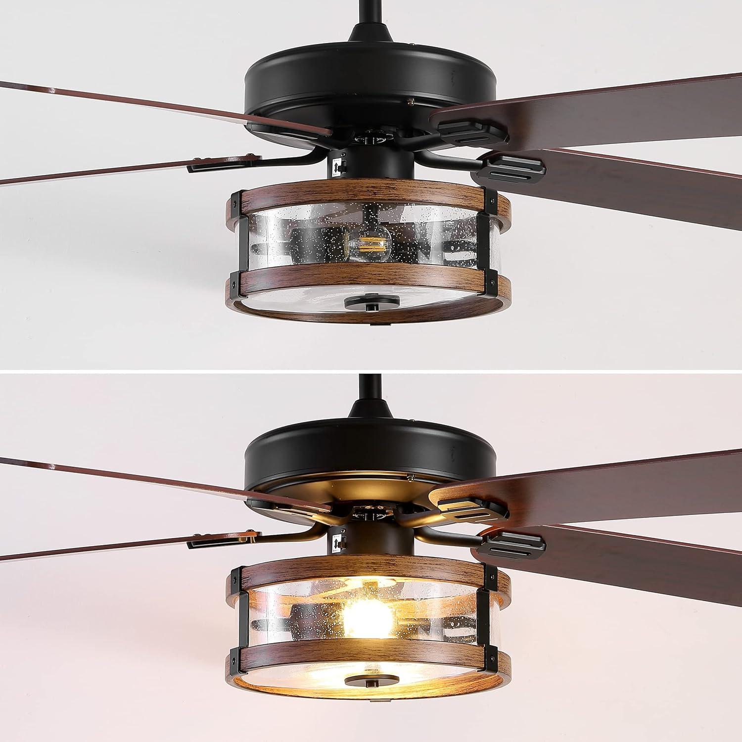 imageJONATHAN Y JYL9611A Joanna 52quot 2Light Rustic Industrial IronWoodSeeded Glass MobileAppRemoteControlled LED Ceiling Fan Farmhouse Modern MidCentury Living Room Kitchen BlackBrownClear
