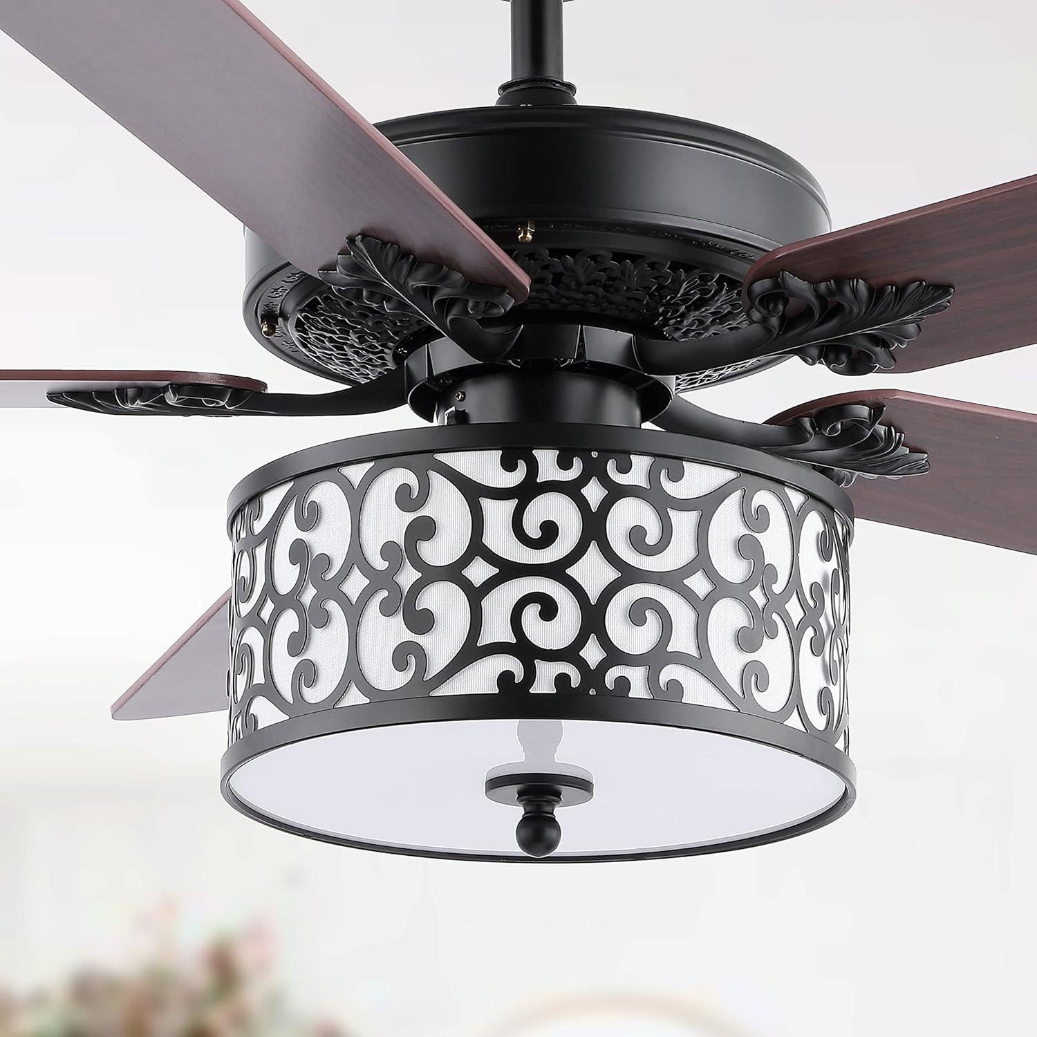 imageJONATHAN Y JYL9612A Paolo Farmhouse Industrial Iron Scroll Drum Shade LED Ceiling Fan with Remote for Bedroom Living Room Dining Room 52quot 3 Light Black