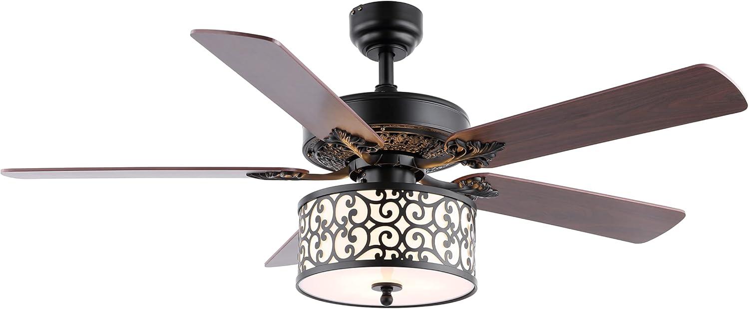 imageJONATHAN Y JYL9612A Paolo Farmhouse Industrial Iron Scroll Drum Shade LED Ceiling Fan with Remote for Bedroom Living Room Dining Room 52quot 3 Light Black