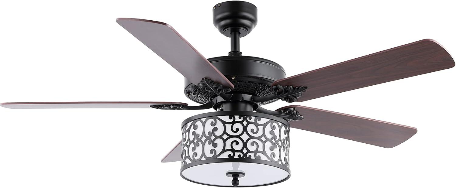 imageJONATHAN Y JYL9612A Paolo Farmhouse Industrial Iron Scroll Drum Shade LED Ceiling Fan with Remote for Bedroom Living Room Dining Room 52quot 3 Light Black