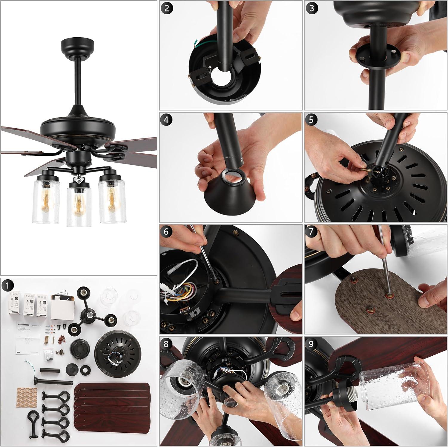 imageJONATHAN Y JYL9614A Lucas 52quot 3Light Rustic Industrial IronWoodSeeded Glass MobileAppRemoteControl LED Ceiling Fan Farmhouse Modern for Bedroom Dining Room Living Room Kitchen BlackClear