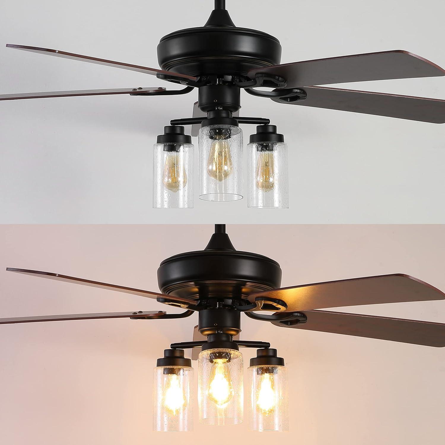 imageJONATHAN Y JYL9614A Lucas 52quot 3Light Rustic Industrial IronWoodSeeded Glass MobileAppRemoteControl LED Ceiling Fan Farmhouse Modern for Bedroom Dining Room Living Room Kitchen BlackClear