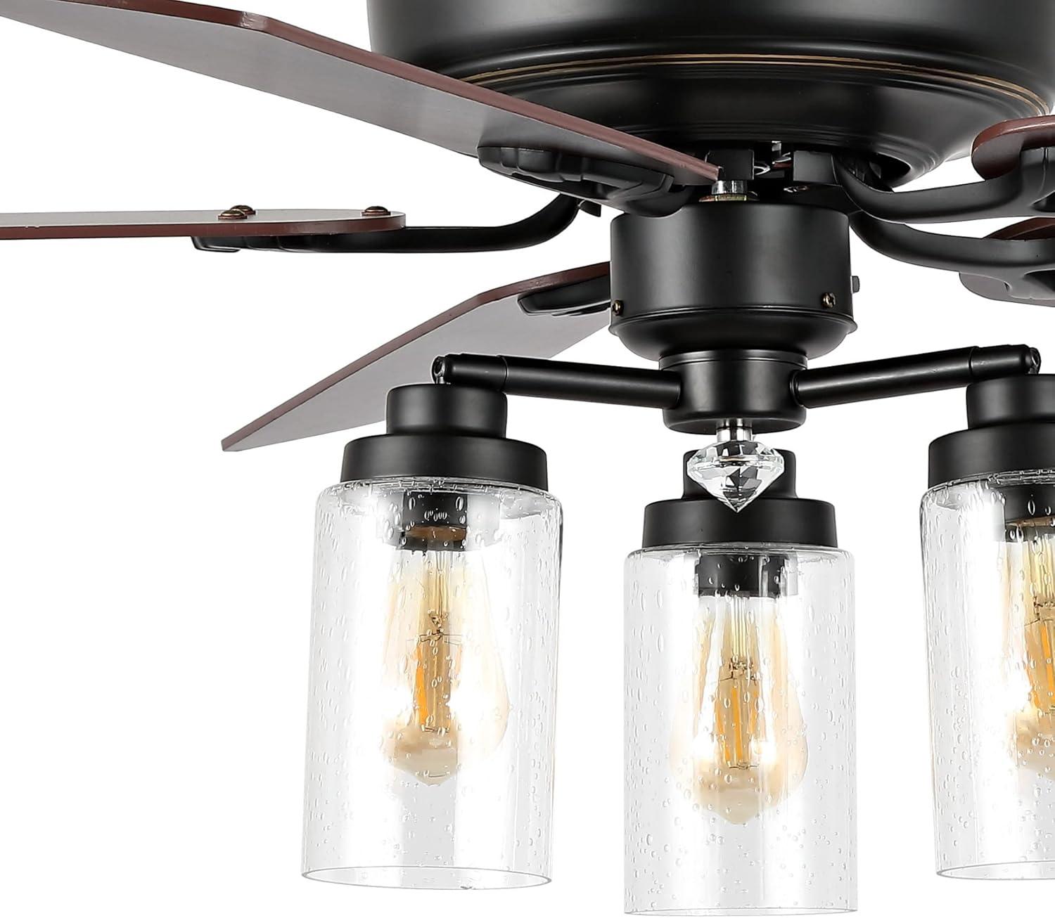 imageJONATHAN Y JYL9614A Lucas 52quot 3Light Rustic Industrial IronWoodSeeded Glass MobileAppRemoteControl LED Ceiling Fan Farmhouse Modern for Bedroom Dining Room Living Room Kitchen BlackClear