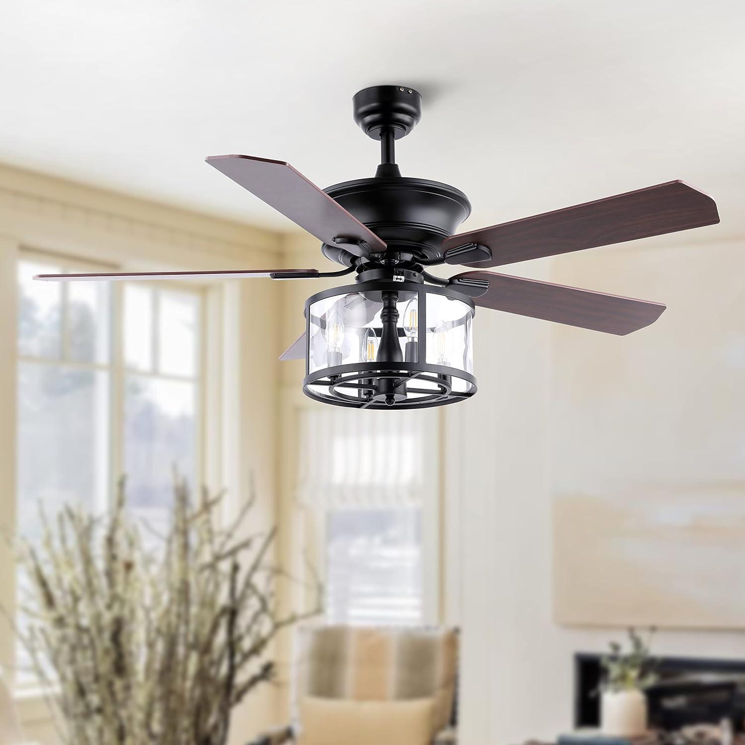 imageJONATHAN Y JYL9620A Braxton Farmhouse Industrial Iron Drum Shade LED Ceiling Fan with Remote for Bedroom Living Room Dining Room 52quot 4 Light Black