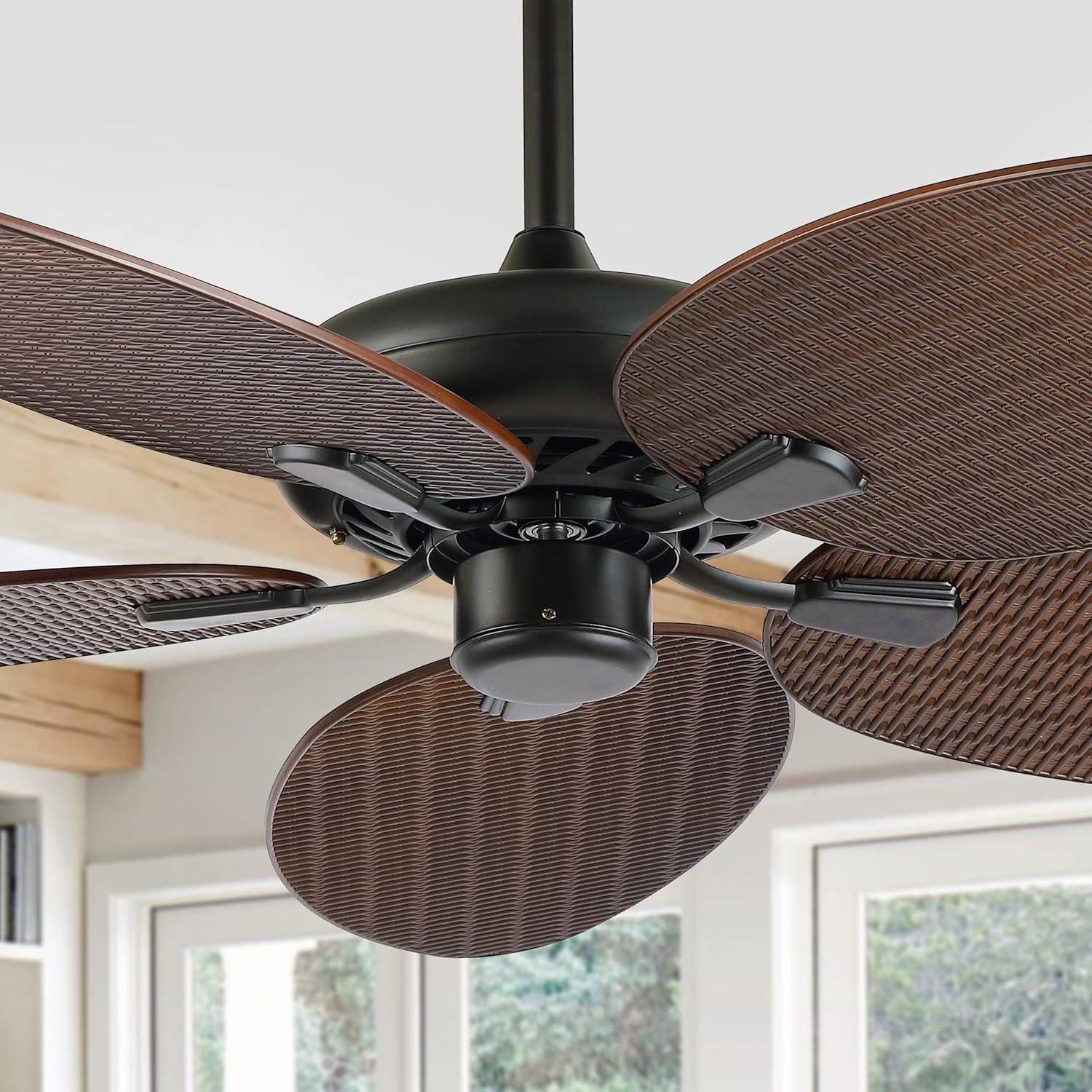 imageJONATHAN Y JYL9719A Raffles 52quot MobileAppRemoteControlled 6Speed Palm Blade Ceiling Fan Bohemian Coastal Industrial Modern Traditional for Bedroom Living Room Office BlackNeutral Brown Wood