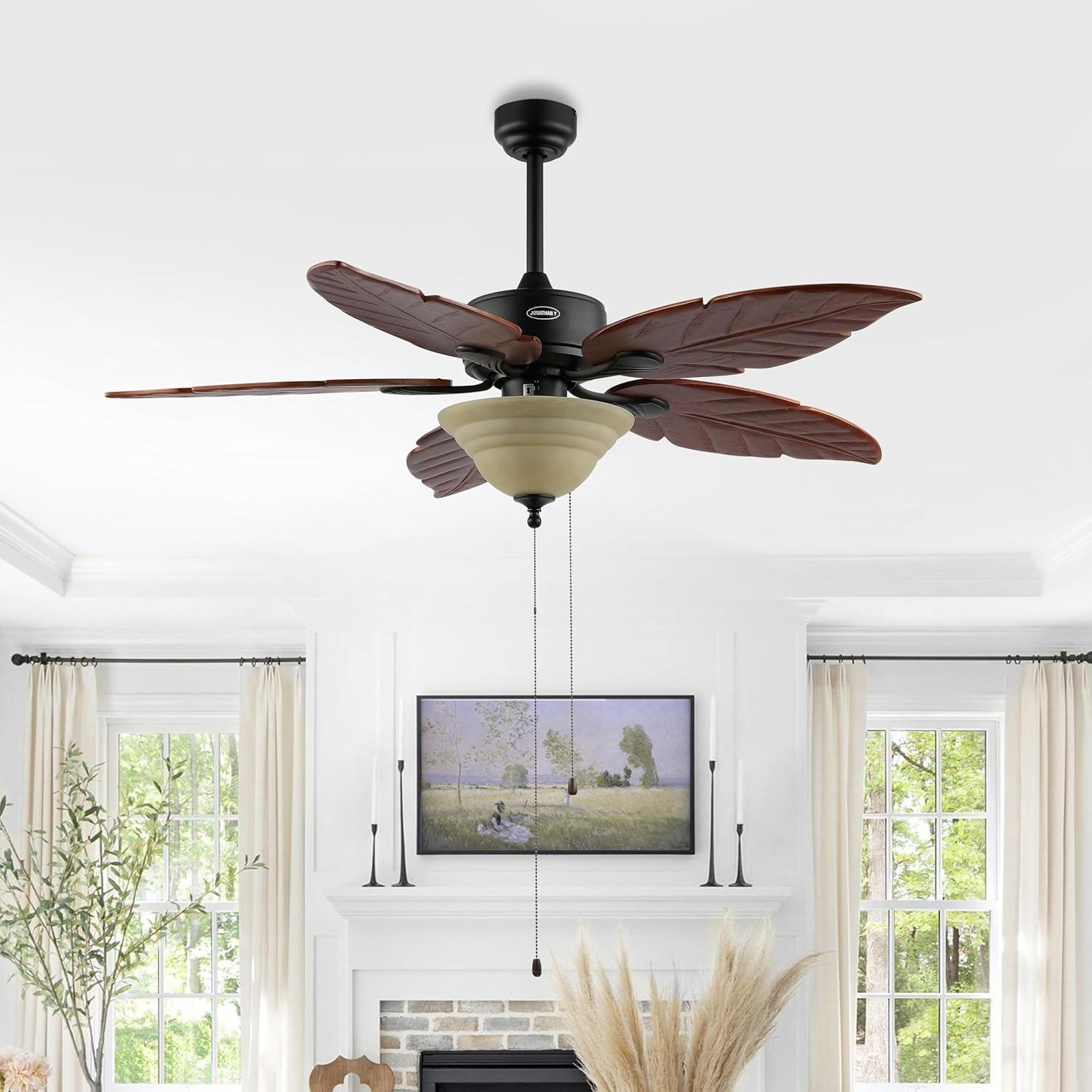 imageJONATHAN Y JYL9720B Poinciana 52quot 3Light Coastal Bohemian IronWood Palm Leaf LED Ceiling Fan with Pull Chain Rustic Eclectic Transitional Office Living Room Dining Room Bedroom Dark BrownDark Brown
