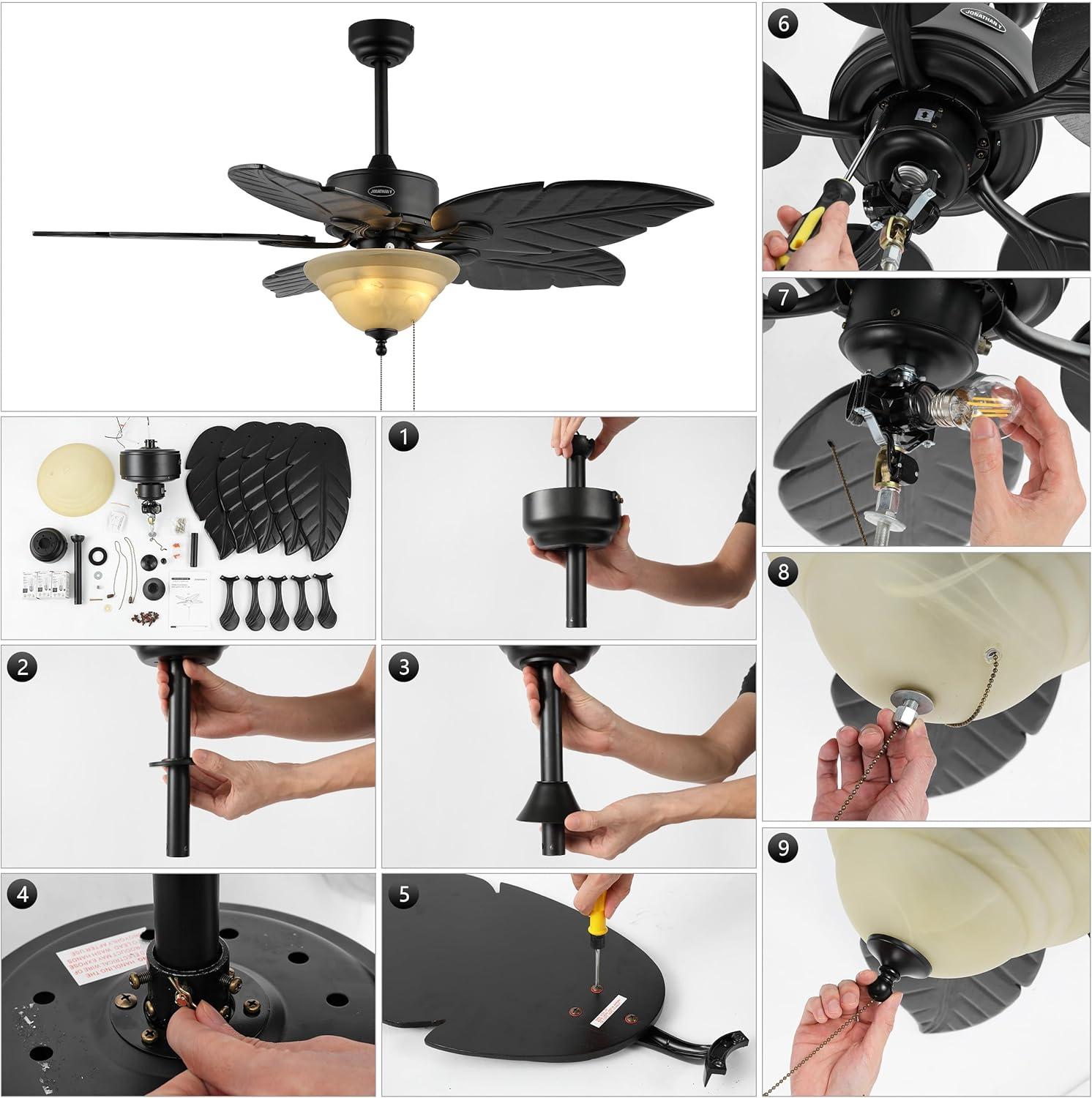 imageJONATHAN Y JYL9720B Poinciana 52quot 3Light Coastal Bohemian IronWood Palm Leaf LED Ceiling Fan with Pull Chain Rustic Eclectic Transitional Office Living Room Dining Room Bedroom Dark BrownDark Brown