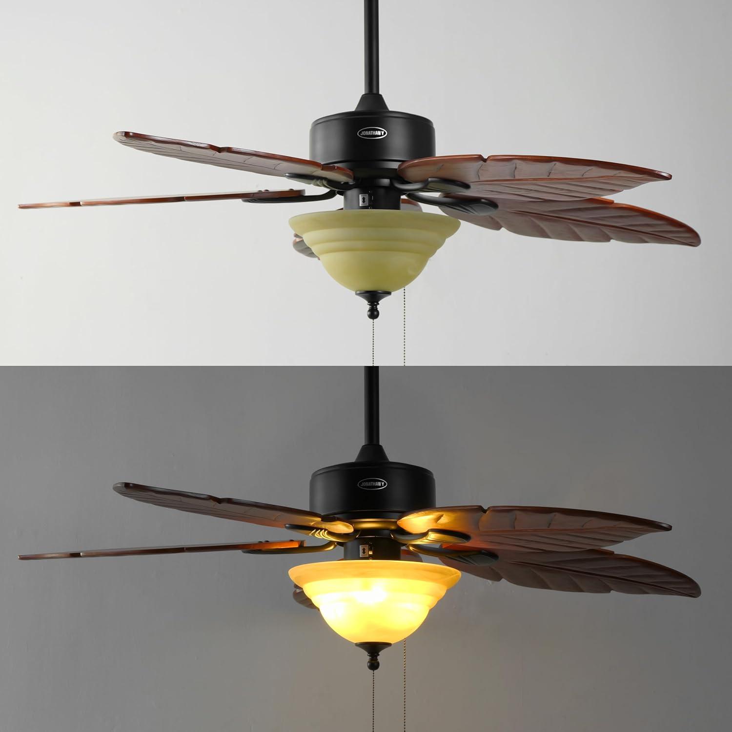 imageJONATHAN Y JYL9720B Poinciana 52quot 3Light Coastal Bohemian IronWood Palm Leaf LED Ceiling Fan with Pull Chain Rustic Eclectic Transitional Office Living Room Dining Room Bedroom Dark BrownDark Brown