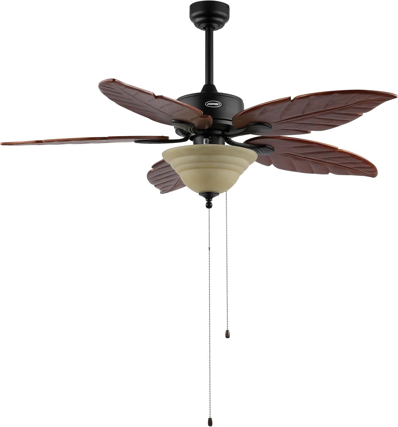 imageJONATHAN Y JYL9720B Poinciana 52quot 3Light Coastal Bohemian IronWood Palm Leaf LED Ceiling Fan with Pull Chain Rustic Eclectic Transitional Office Living Room Dining Room Bedroom Dark BrownDark Brown