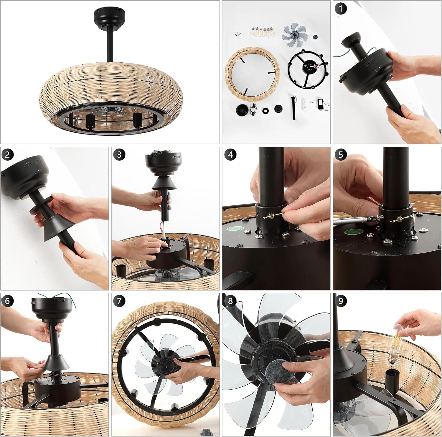 imageJONATHAN Y JYL9728A Cassidy 23quot 6Light Modern Bohemian 6Speed MetalRattan MobileAppRemoteControlled HeightAdjustable Lantern LED Ceiling Fan Dark BrownBlack for Living Room Dining RoomDark BrownBlack