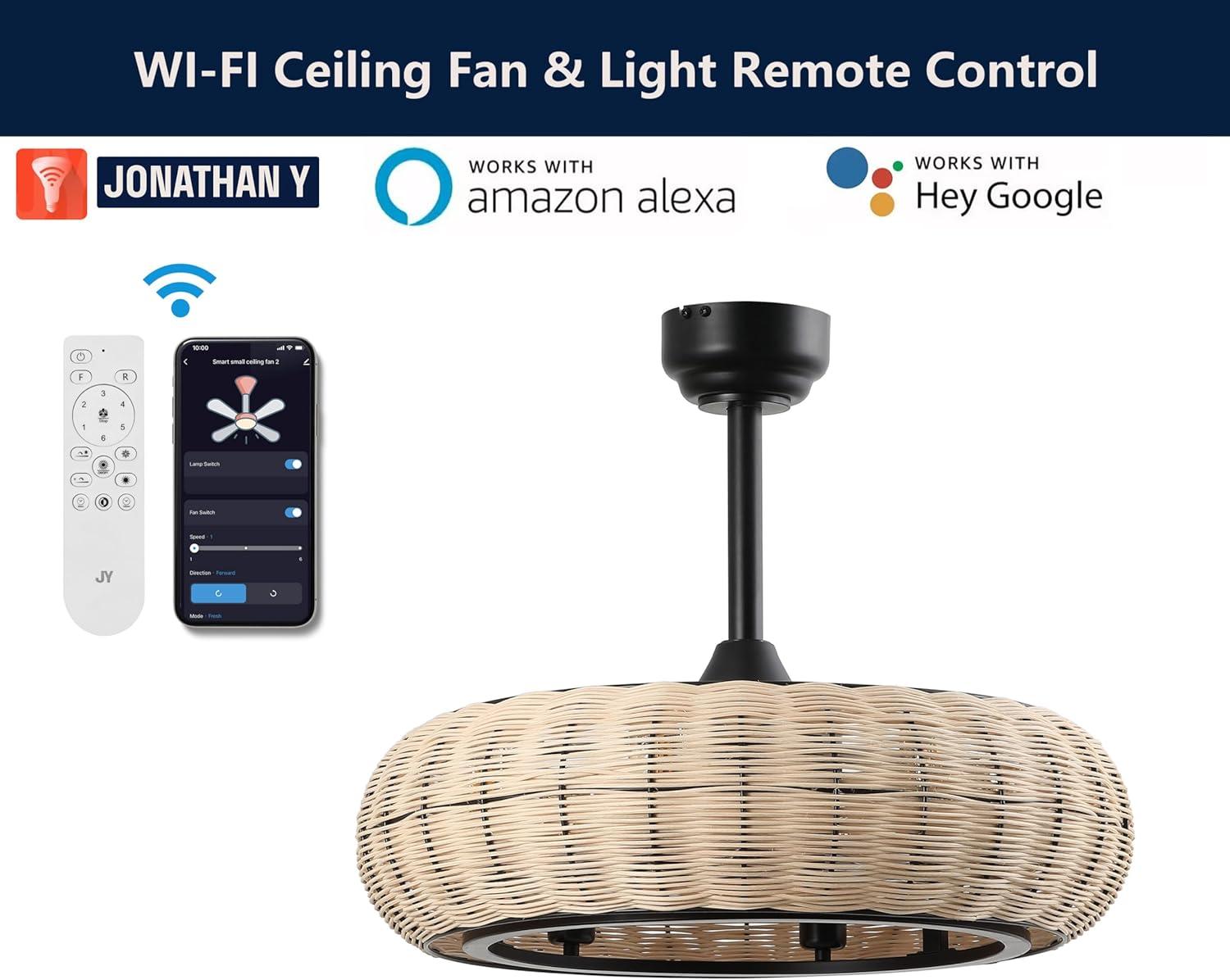 imageJONATHAN Y JYL9728A Cassidy 23quot 6Light Modern Bohemian 6Speed MetalRattan MobileAppRemoteControlled HeightAdjustable Lantern LED Ceiling Fan Dark BrownBlack for Living Room Dining RoomLight BrownBlack