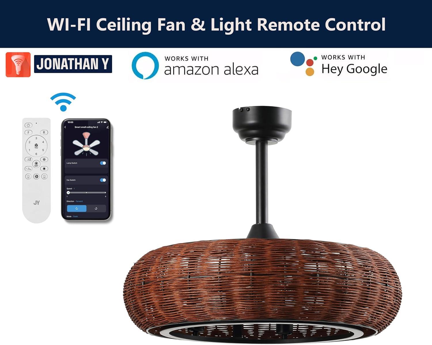 imageJONATHAN Y JYL9728A Cassidy 23quot 6Light Modern Bohemian 6Speed MetalRattan MobileAppRemoteControlled HeightAdjustable Lantern LED Ceiling Fan Dark BrownBlack for Living Room Dining RoomDark BrownBlack