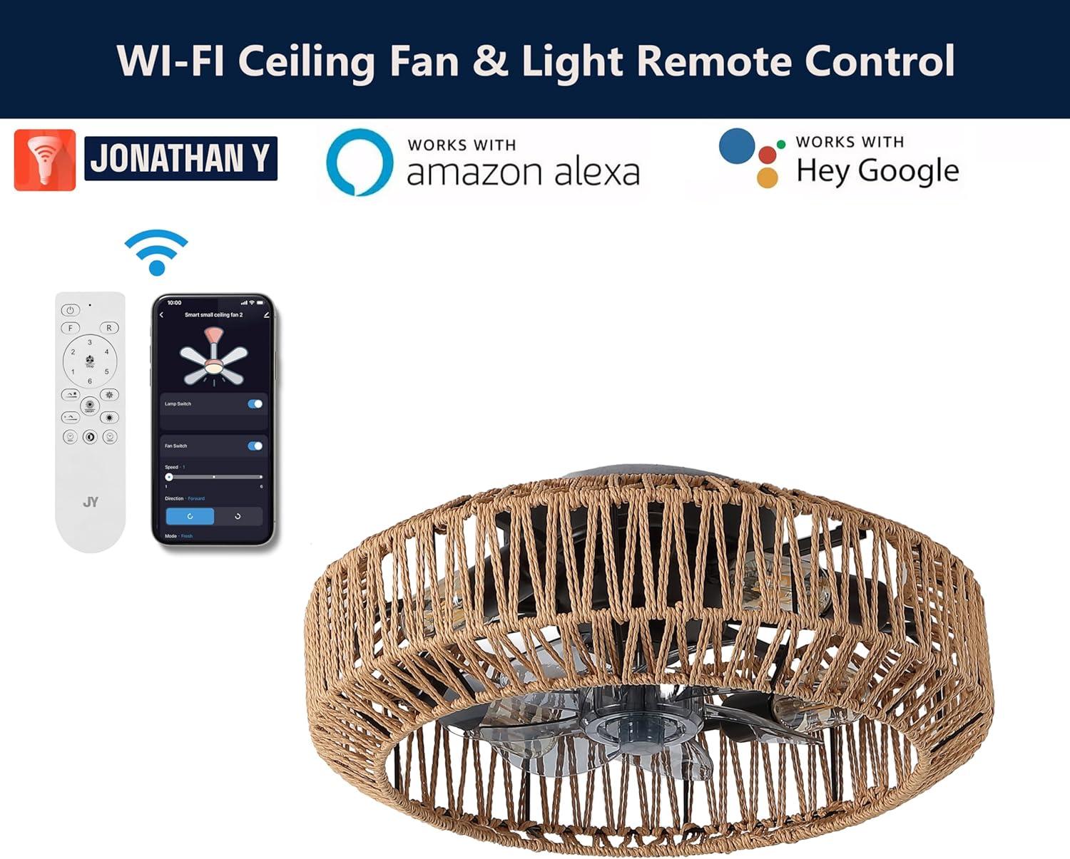 imageJONATHAN Y JYL9730B Rowan 195quot 4Light Modern Bohemian 6Speed MetalRattan MobileAppRemoteControlled Lantern LED Ceiling Fan CreamWhite for Living Room Dining RoomBrownBlack