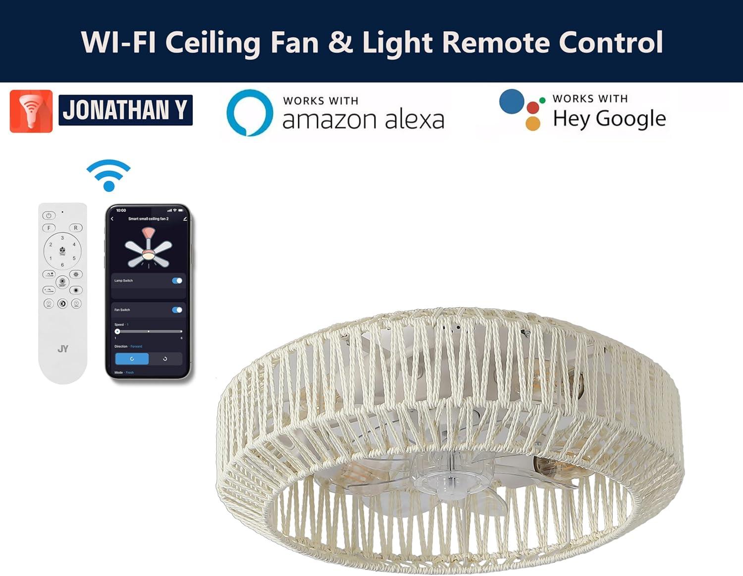 imageJONATHAN Y JYL9730B Rowan 195quot 4Light Modern Bohemian 6Speed MetalRattan MobileAppRemoteControlled Lantern LED Ceiling Fan CreamWhite for Living Room Dining RoomCreamWhite