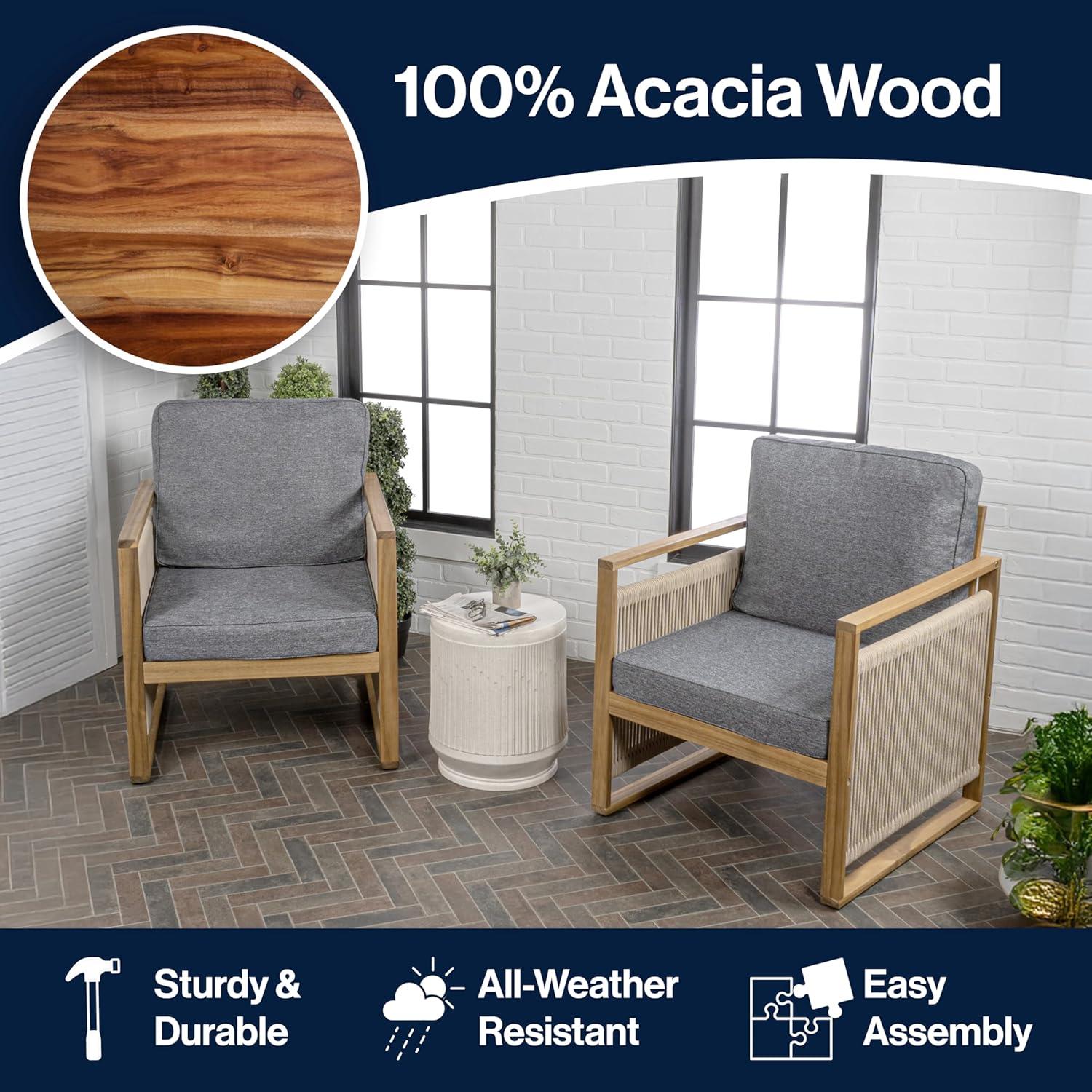 imageJONATHAN Y SFC1000BSET2 Gable MidCentury Modern Roped Acacia Wood Outdoor Patio Chair with Cushions Scandinavian Classic Transitional Industrial Bohemian GrayTeak Brown Set of 2GrayTeak Brown