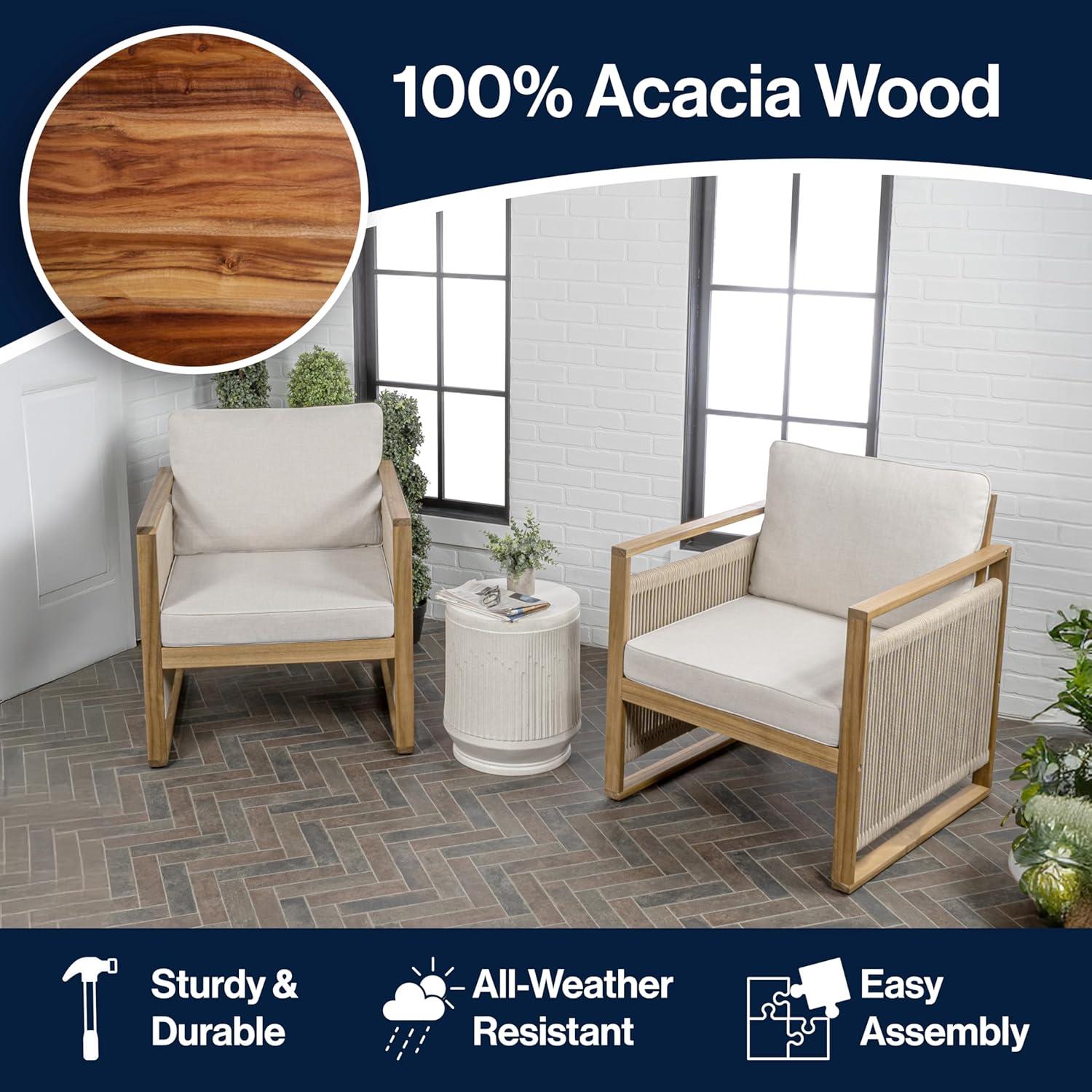 imageJONATHAN Y SFC1000BSET2 Gable MidCentury Modern Roped Acacia Wood Outdoor Patio Chair with Cushions Scandinavian Classic Transitional Industrial Bohemian GrayTeak Brown Set of 2BeigeLight Teak