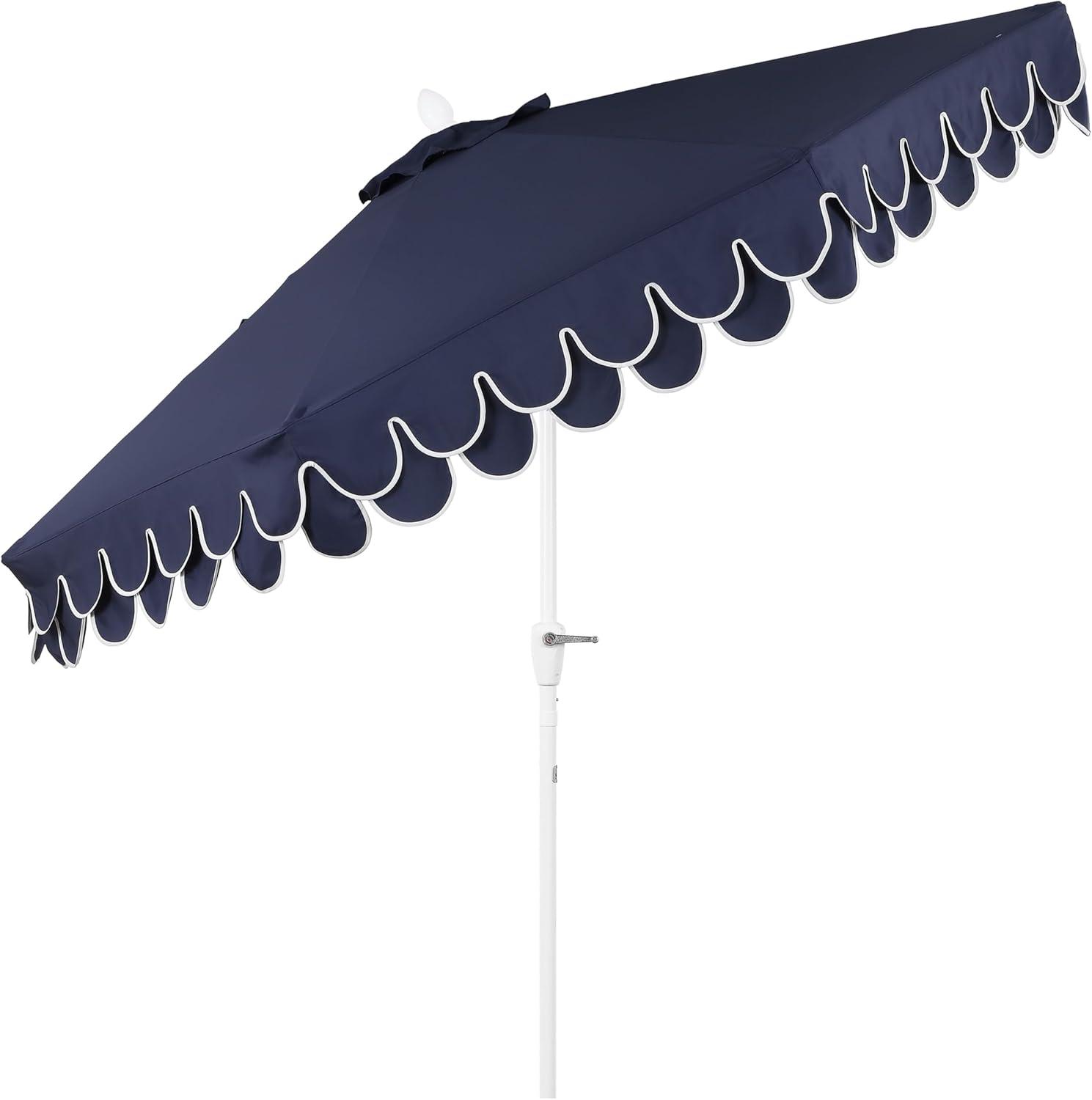 imageJONATHAN Y UMB1002F Tracy 9 ft Classic MidCentury Scalloped Fringe Market Patio Umbrella with AutoTilt Crank Wind Vent and UV Protection in Coral RedWhite White PoleNavy White Pole
